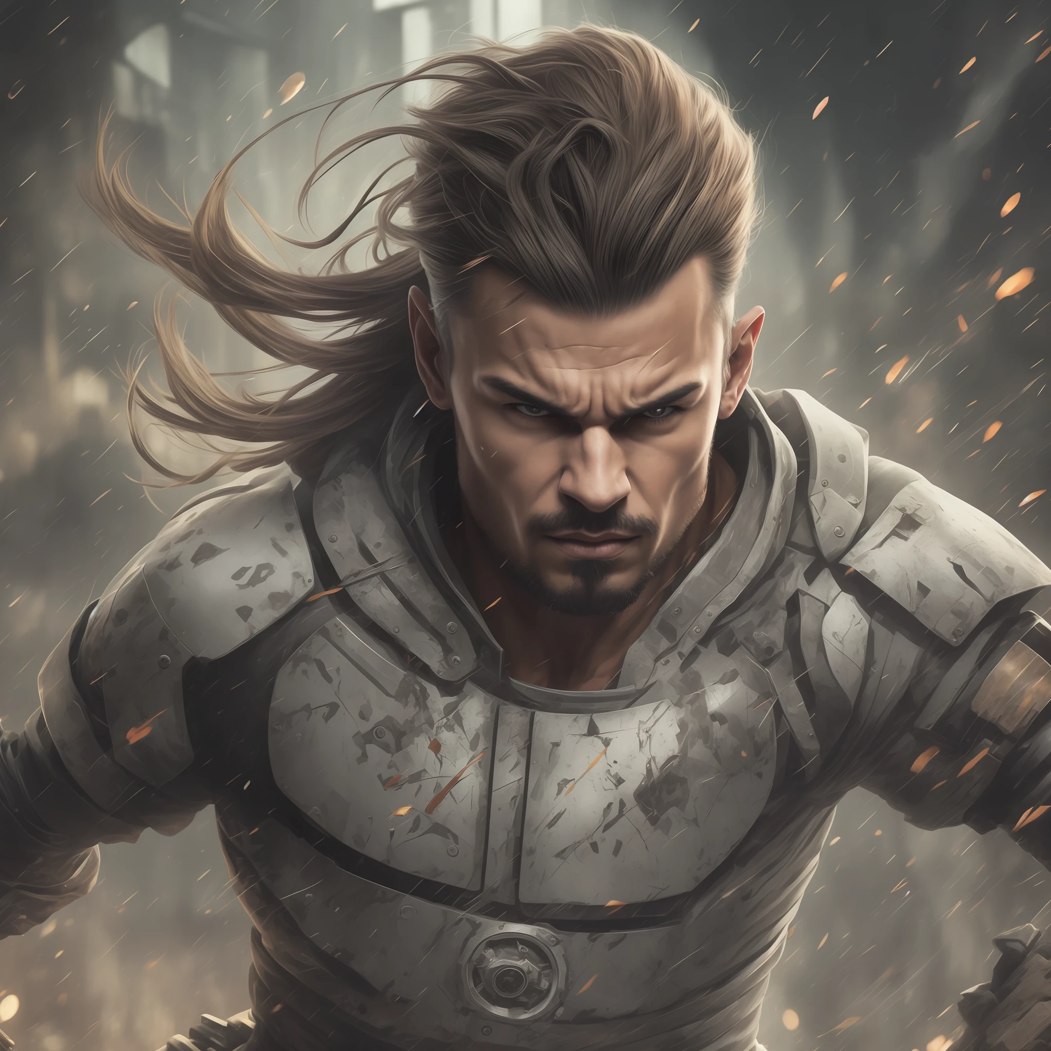 Muscular man with a lot of anger running with knives in his hands, fibrado, fibras musculares, cabelo estilo ibrahimovic, coque samurai, Small details of cyberpunk robot, em um lugar sombrio e escuro, floresta escura