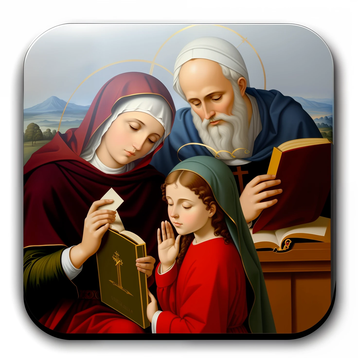 uma pintura de um homem e uma mulher lendo um livro, catholic icon, roman catholic icon, catholic religious art, pintura religiosa, pintura religiosa renascentista, Holy, iconografia religiosa, Arte Sacra Renascentista, iconografia sagrada, Natal, With the Virgin Mary and her grandparents Joachim and Anne, biblical image, Bible, arte sacra, retrato da obra-prima religiosa, Christian art, orthodox icon, Santo ortodoxo, cena espiritual