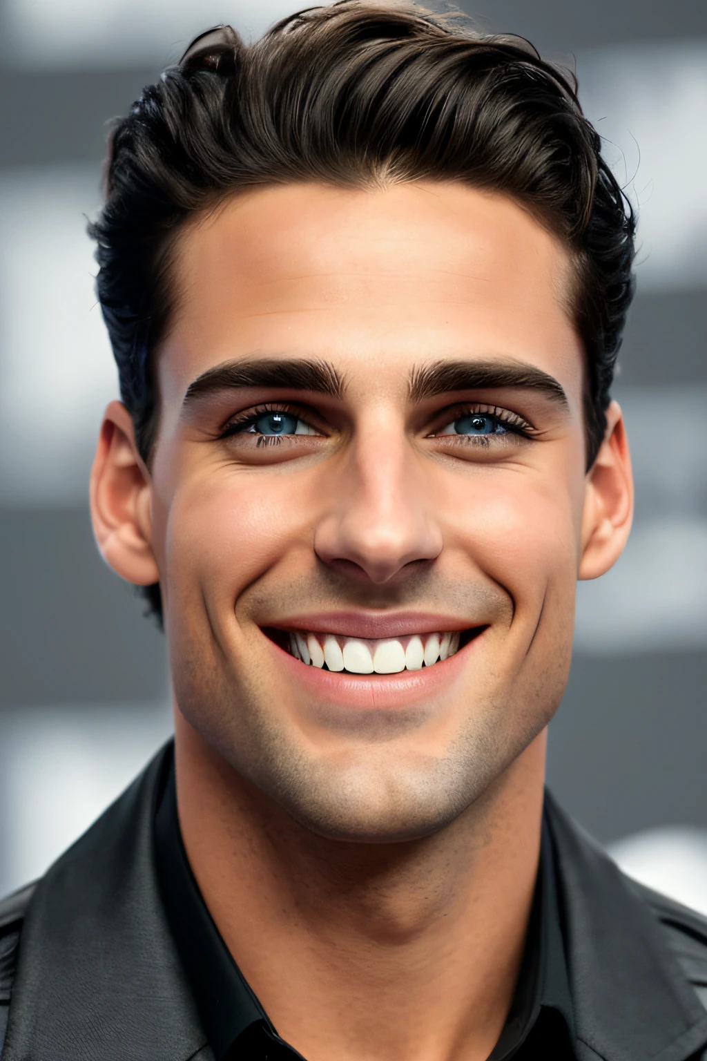 (papel de parede 8k extremamente detalhado), handsome prince with dark black hair is smiling, blue eyes, striking eyebrows and cement face, white olive skin, sun tanned skin