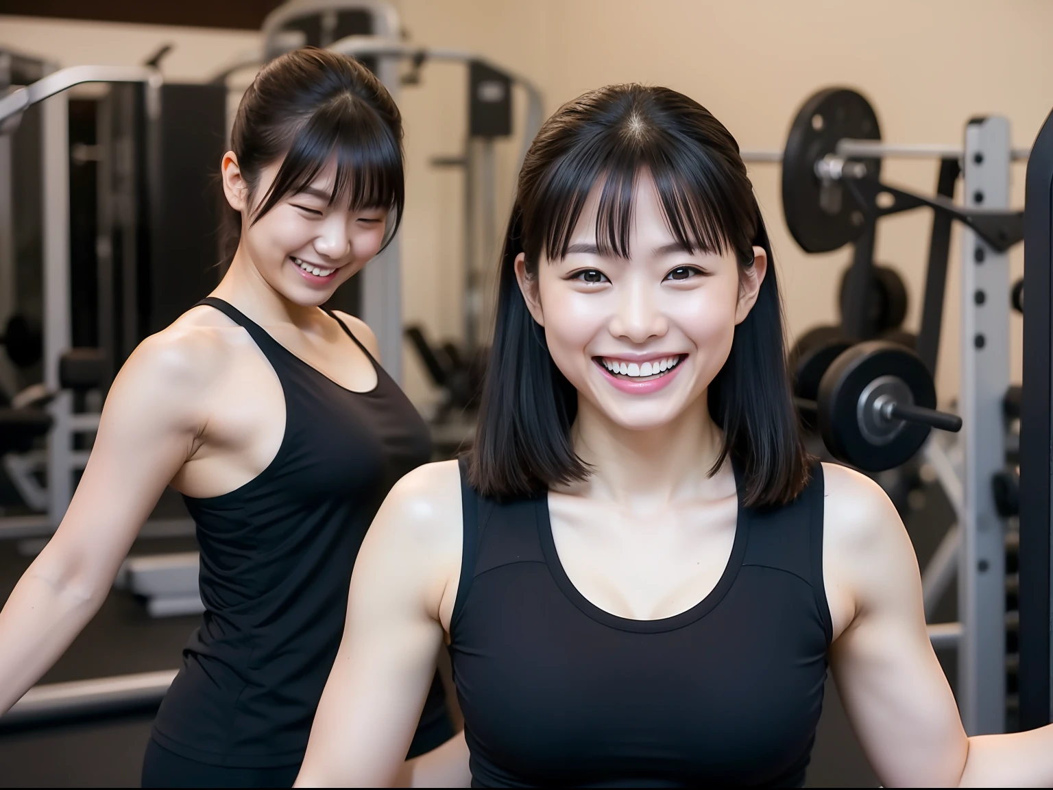 in the fitness gym, Laughing Between Japan women, black hair, light smile, Canon, UHD