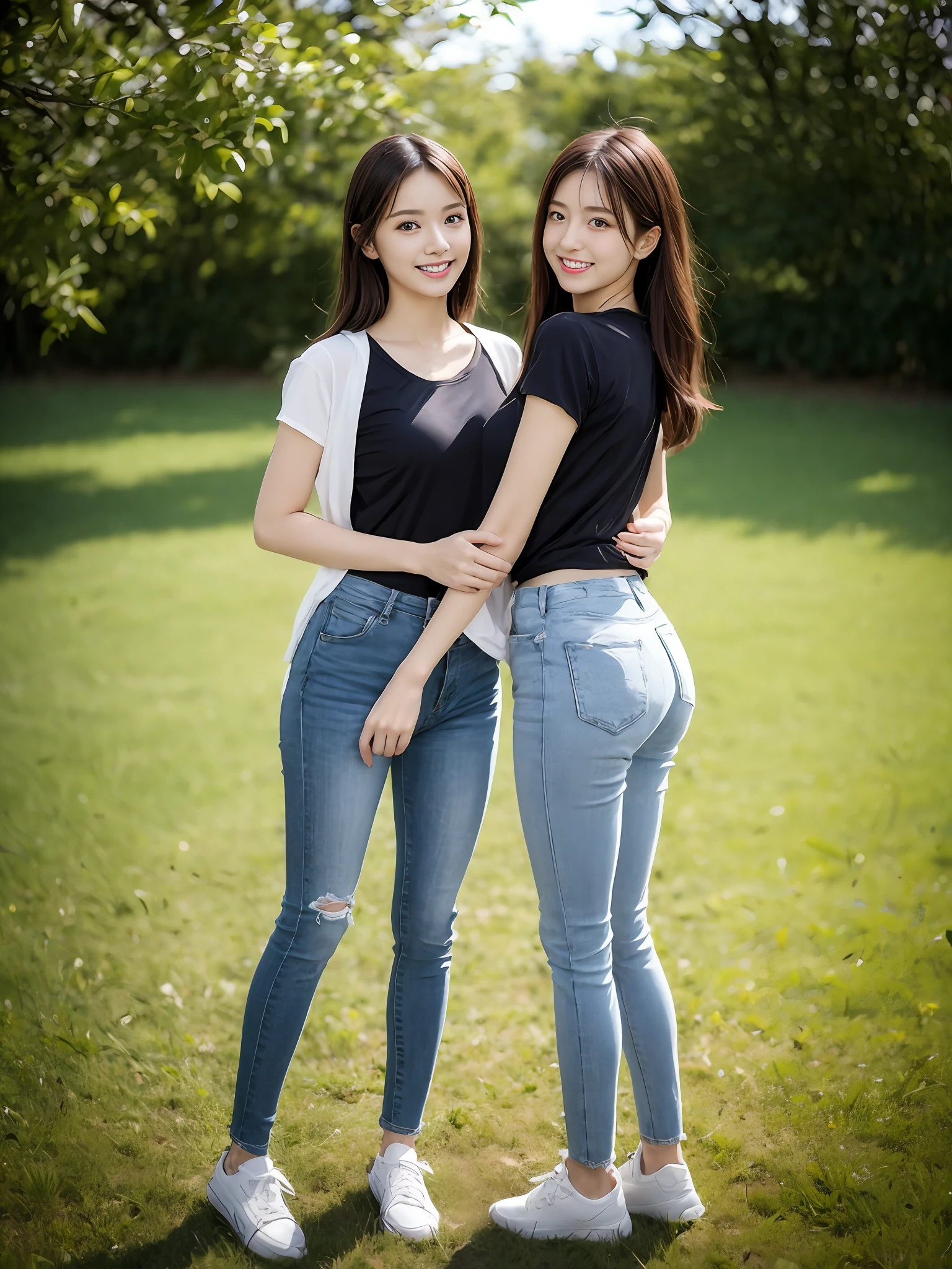 (超高分辨率,RAW photogr,realisticlying,tmasterpiece,best qualtiy:1.4),Complicated details,3个女孩,3 20 year old Korean girl,Wear a loose black T-shirt and skinny jeans,Stand on the grass and take pictures,hugs,Intimate relationships,Detailed meadow,A sweet smile on a small face,Ultra-realistic facial details,The face and skin are pink and white, and luminous,Playful and coquettish pose,The calves are straight and slender:1.2,Wear high-end brand sneakers:1.0,eventide:0.3,Broad lighting,naturalshadow:1.0,超高分辨率,Shoot from behind,Shows beautiful waist and hips,taking a full body photo:1.8 --auto