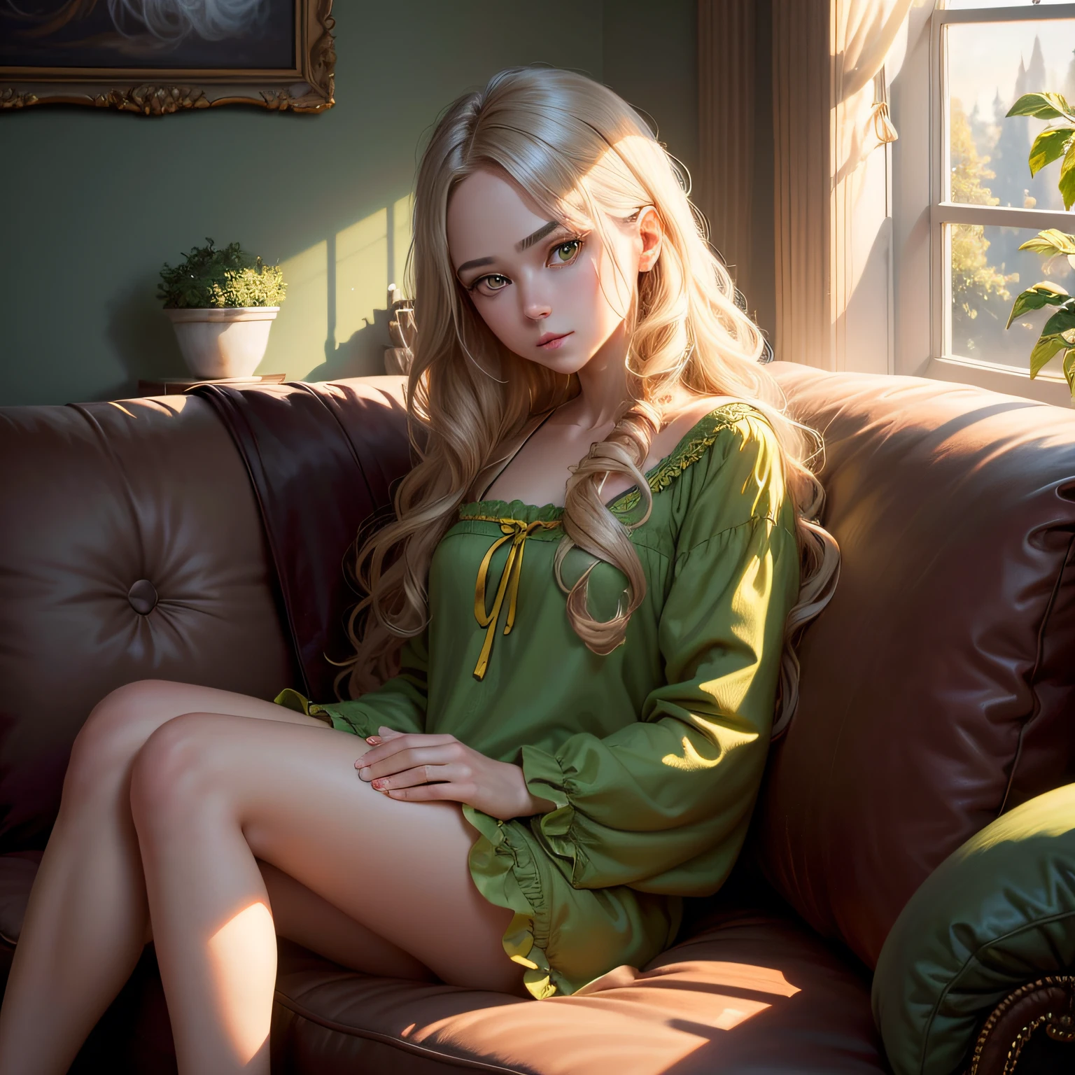 (Ultra detailed oil painting unified 8K wallpaper,tmasterpiece,Highest image quality and detail),(best illuminate, The best shadow, Extremely refined and beautiful),afloat,beside the window,long whitr hair,Golden eyes,Thinking about the problem,On the sofa,Sling pajamas:green color,Hands ruffle your hair,