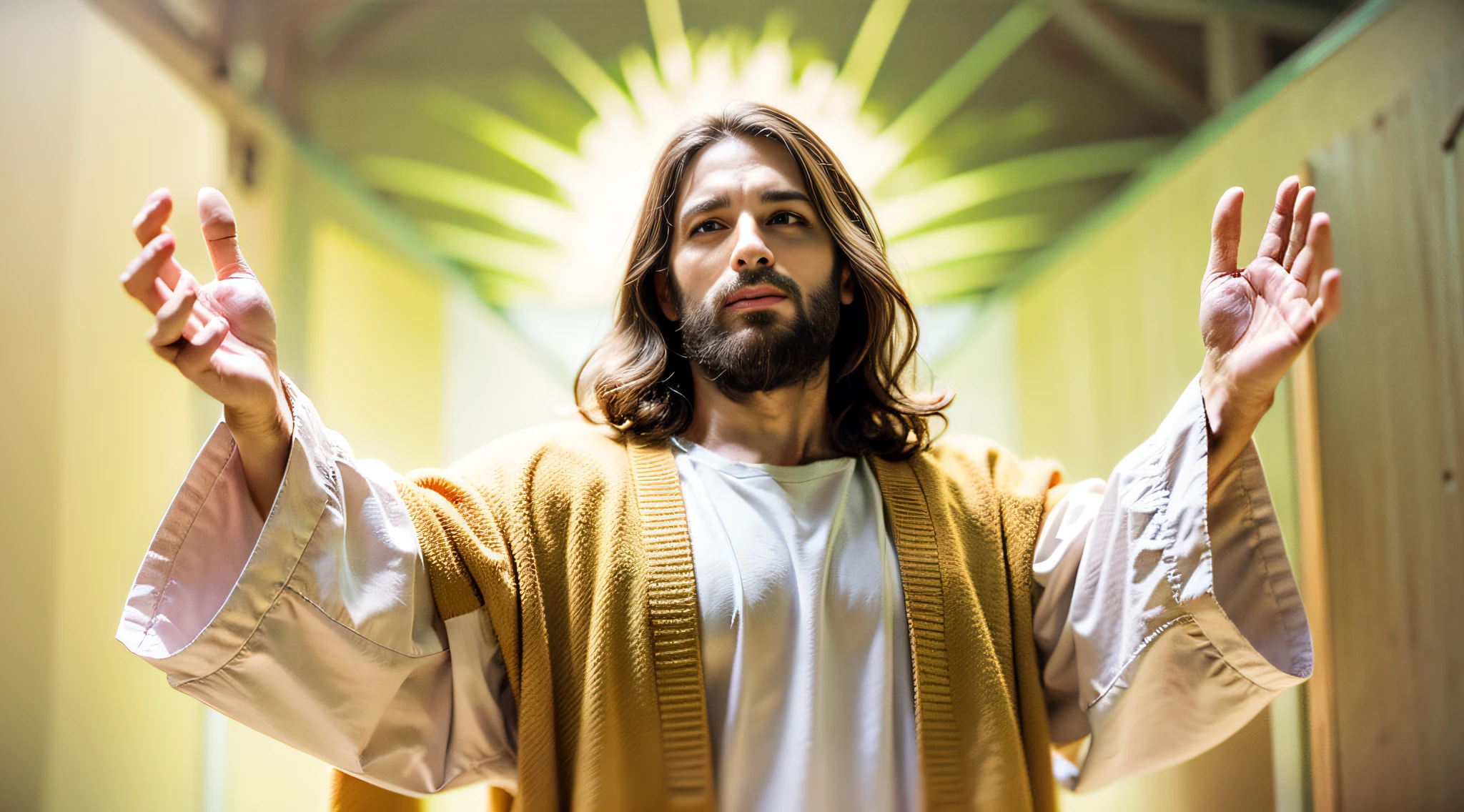 desenhe jesus ao ar livre, mais alto que as montanhas, com muita luz em seu corpo