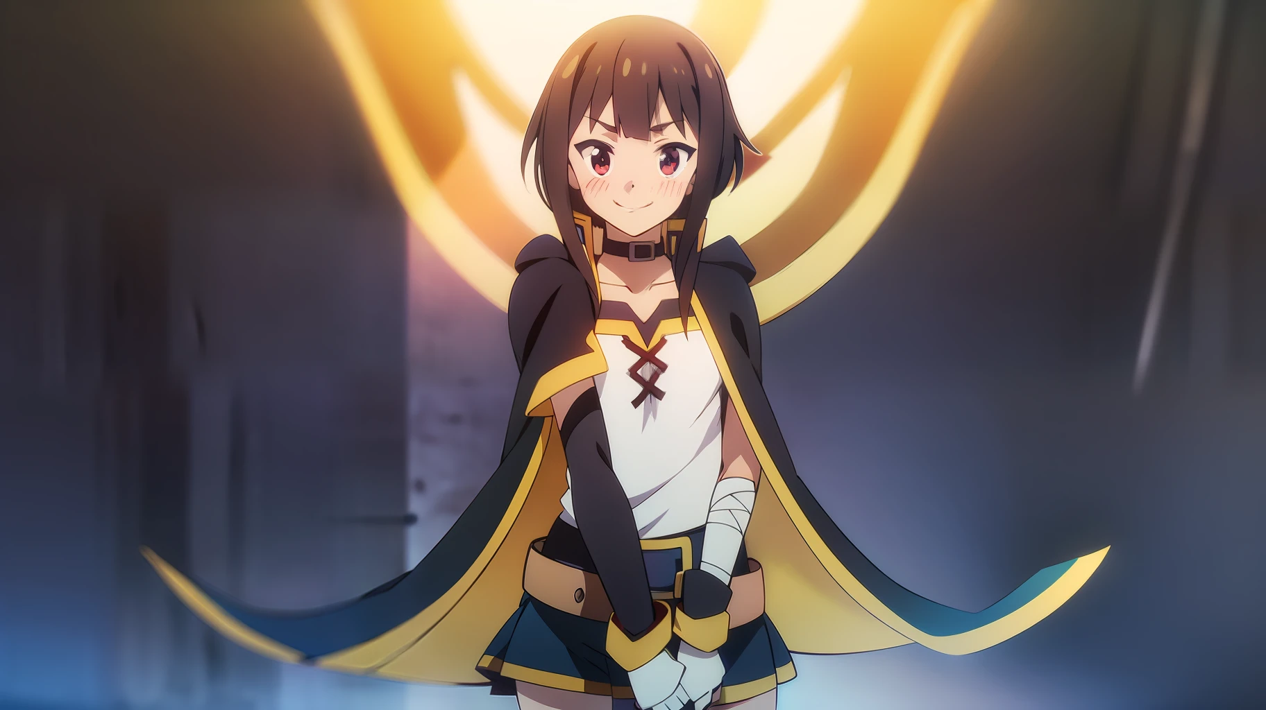 megumin, standing, looking at viewer, (no headwear), brown hair, short hair, red eyes, blush, black choker, blue and yellow t-shirt, boca juniors t-shirt, long sleeves, blue gloves, fingerless gloves, belt, black belt, gold trim, zettai ryouiki, skindentation, (asymmetrical legwear:1. 4), mismatched legwear, (bandaged leg:1. 3), black thighhighs, Smile, cowboy shot, forest, konosuba anime style, bombonera stadium background with blue and yellow flags, boca juniors flags, soccer