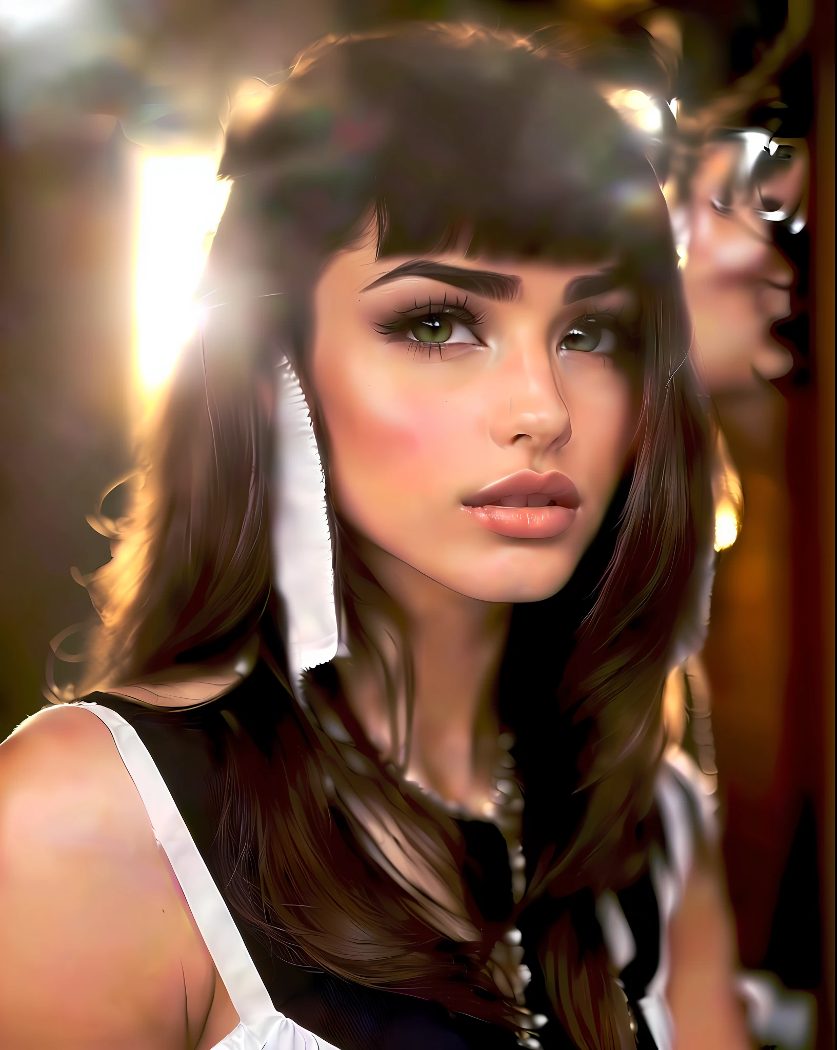 um close up de uma mulher com cabelos longos usando um vestido preto, Cerveja Madison, Cerveja Soft Devil Queen Madison, :: Cerveja Madison, Madison Beer Girl Retrato, adriana lima, taken in the early 2020s, olivia culpo, sexy gaze, Sensual expression, lindo rosto latino, sorriso sensual, modelo deslumbrante, ela tem cerca de 1 6 anos de idade