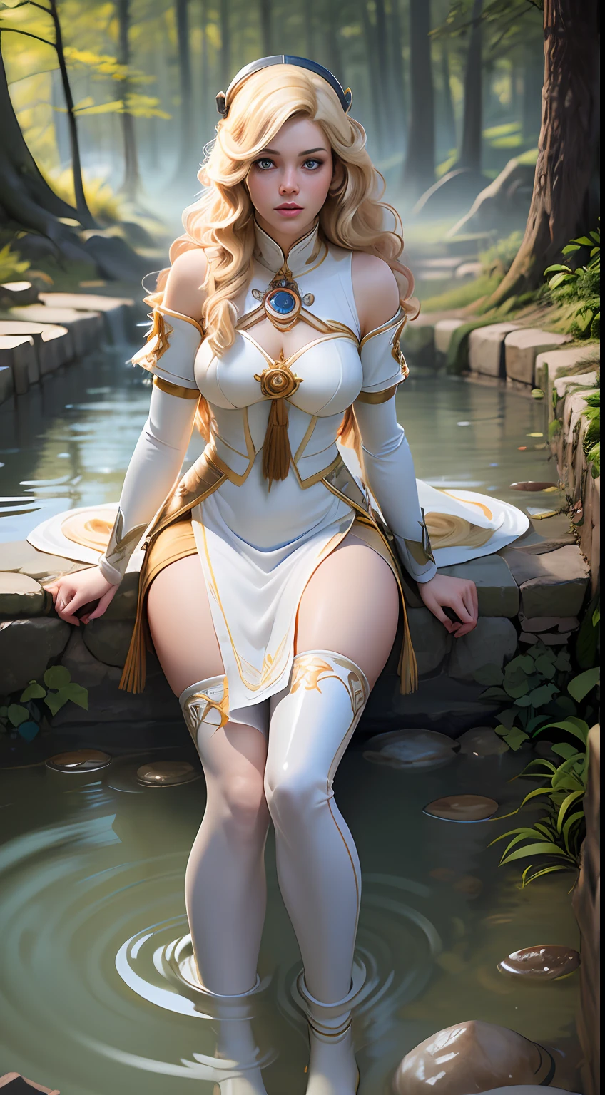 (full figure:1.1), masterpiece, realistic, realism, photorealism, high contrast, in full light, photorealistic digital art trending on Artstation 8k HD high definition detailed realistic, 1girl, (solo:1.5), young beautiful woman, petite, medium perky breasts, ((blue eyes)), (blonde long hair:1.5), tight long white dress, (white knee high socks:1.1), (no head gear:1.5), ((priestess)), parted lips, art by artgerm and ruan jia and greg rutkowski surreal painting, detailed, skin texture, hyper-detailed, realistic skin texture, side view, garden, lying in a hot spring, forest, clear water, head down, flustered, drenched