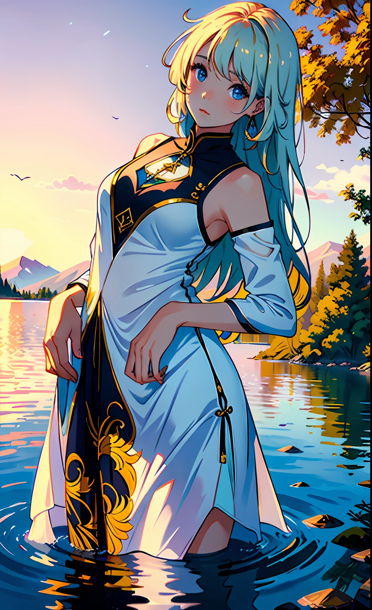 1 girl, serene expression, mesmerizing eyes, straight long hair, flowing dress, poised posture, porcelain skin, subtle blush, crystal pendant
BREAK
golden hour, (rim lighting):1.2, warm tones, sun flare, soft shadows, vibrant colors, painterly effect, dreamy atmosphere
BREAK
scenic lake, distant mountains, willow tree, calm water, reflection, sunlit clouds, peaceful ambiance, idyllic sunset, ultra detailed, official art, unity 8k wallpaper
, zentangle, mandala