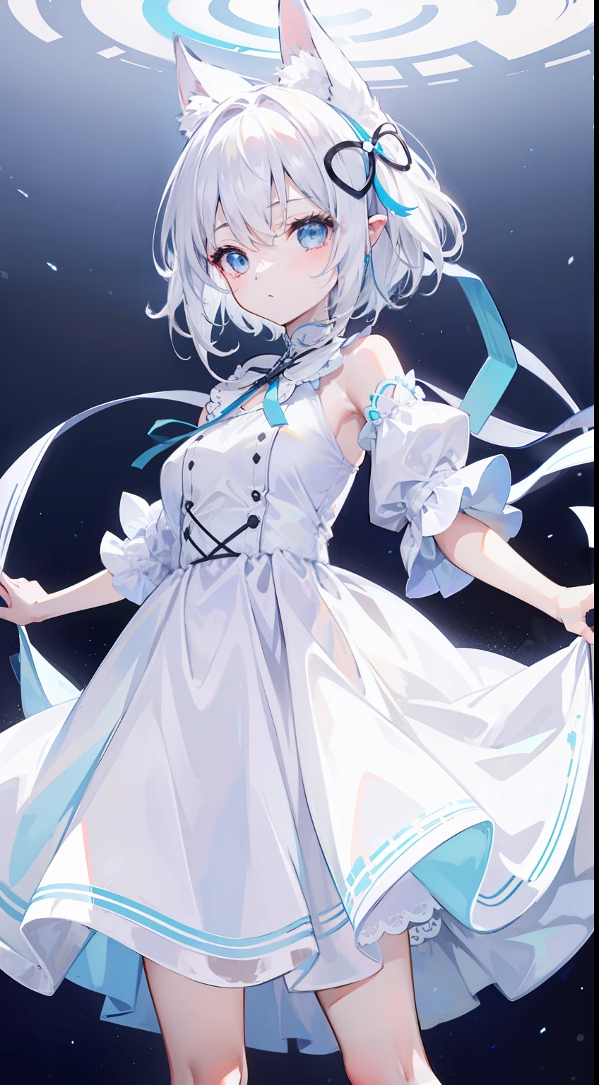 One girl、white hair、Long、Sareme、Sagged ears、Light blue dress、cute little、masterpiece、top-quality、Top image quality、Ribbon on the back、is standing、Pop backgrounds、morning、
