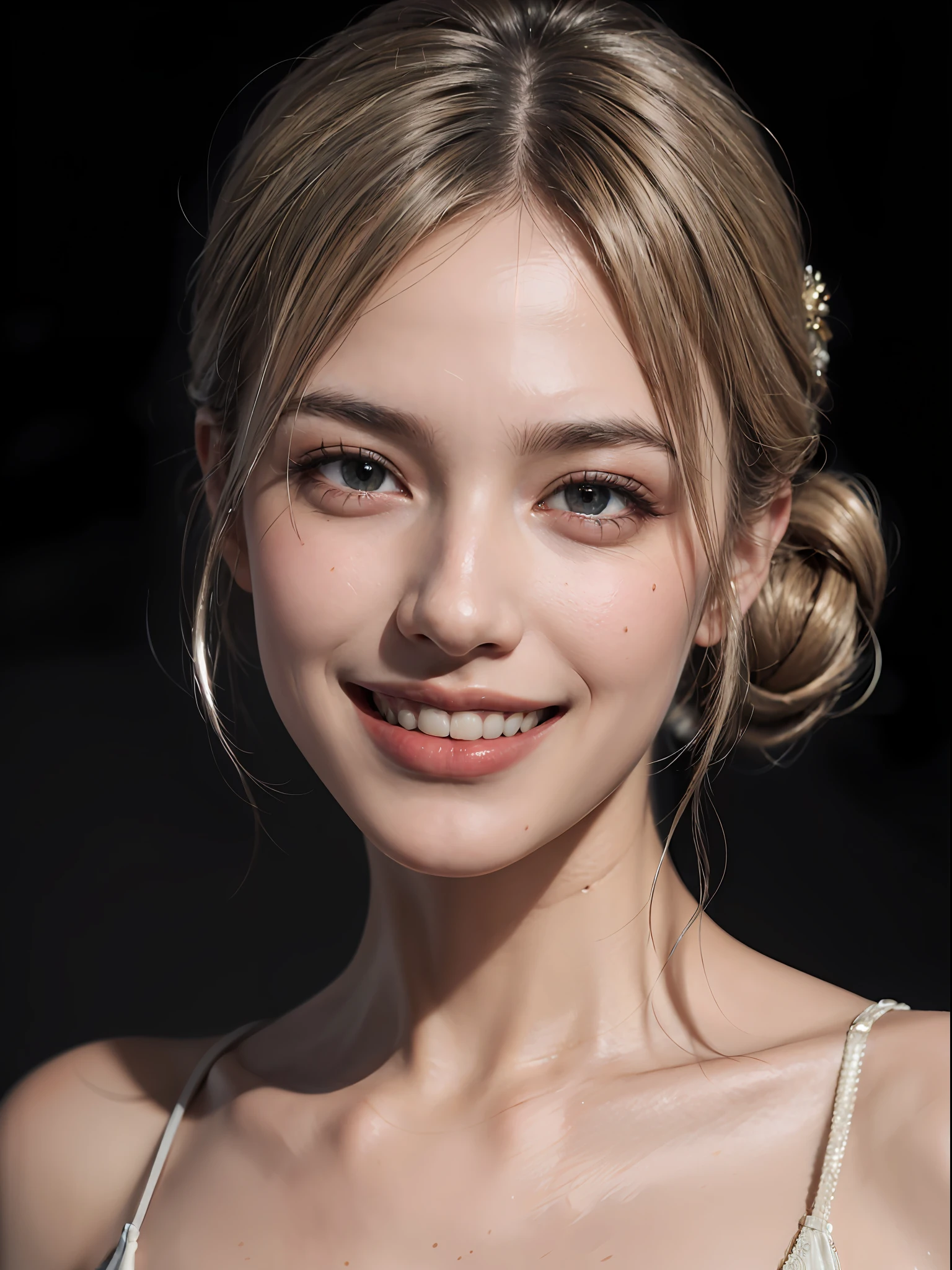 Best quality, masterpiece, ultra high res, (photorealistic:1.4), raw photo, 1girl, silver hair, Formal Updo,shiny skin, dramatic lighting,(smile:1.2)