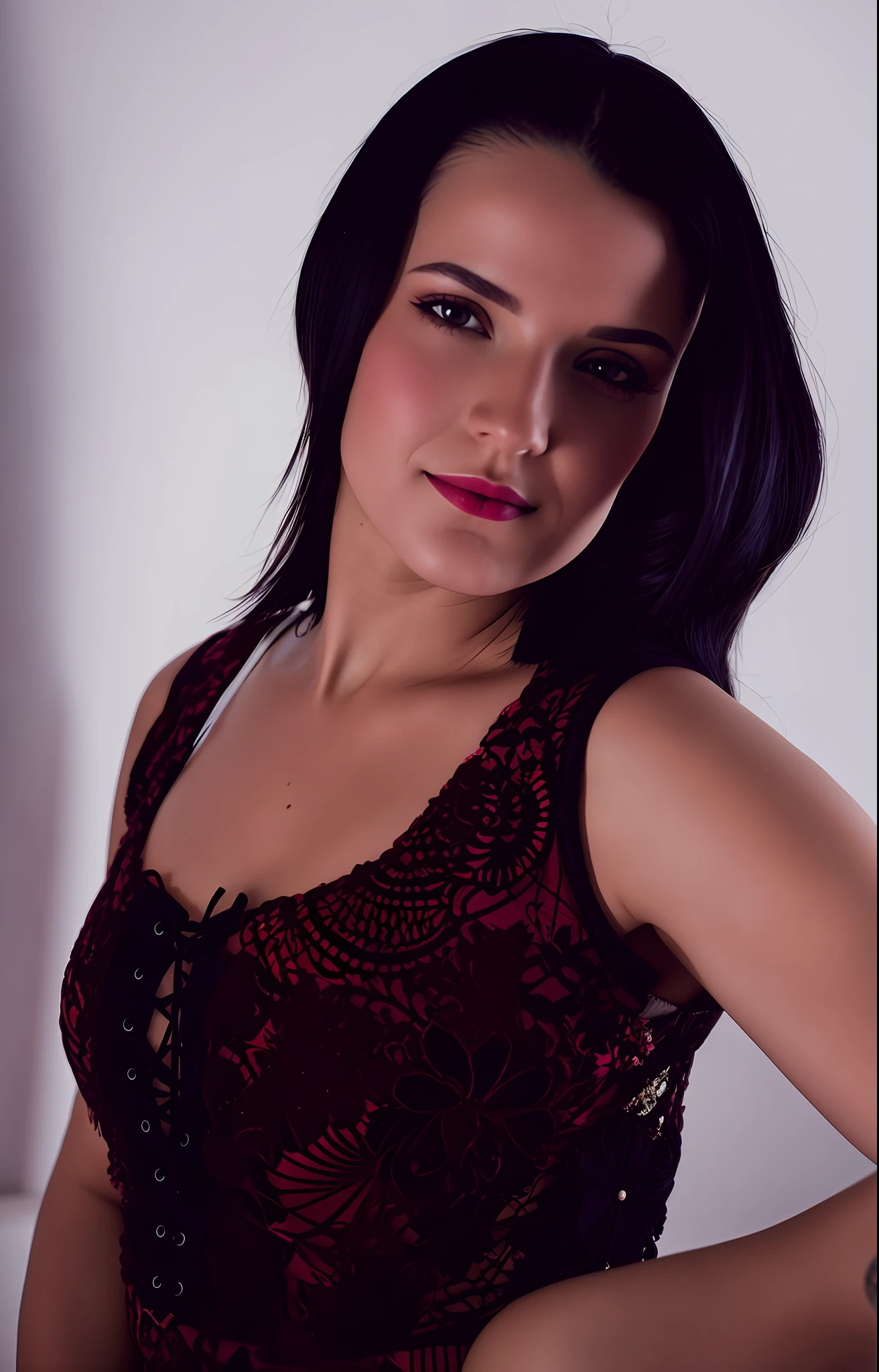There's a woman posing for a photo in a red dress, Fotografia de Glamour, Retrato de Tifa Lockhart, Foto de perfil, em vermelho e preto, cintura para cima retrato, close up tiro de meio corpo, shot in the photo studio, 2 Modelo feminina de 4 anos, Retrato sedutor de Tifa Lockhart, Alexandra Waliszewska, Malika Favre, boudoir fotografia