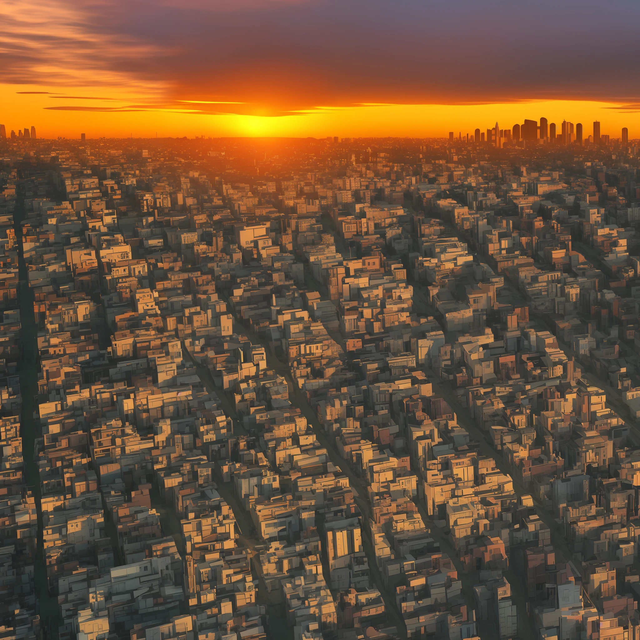(View of an urban city full of buildings and streets full of cars at sunset) RTX RAY TRACING) 8k more realistic with more different buildings and with a little zoom 1.5 with more trees scattered