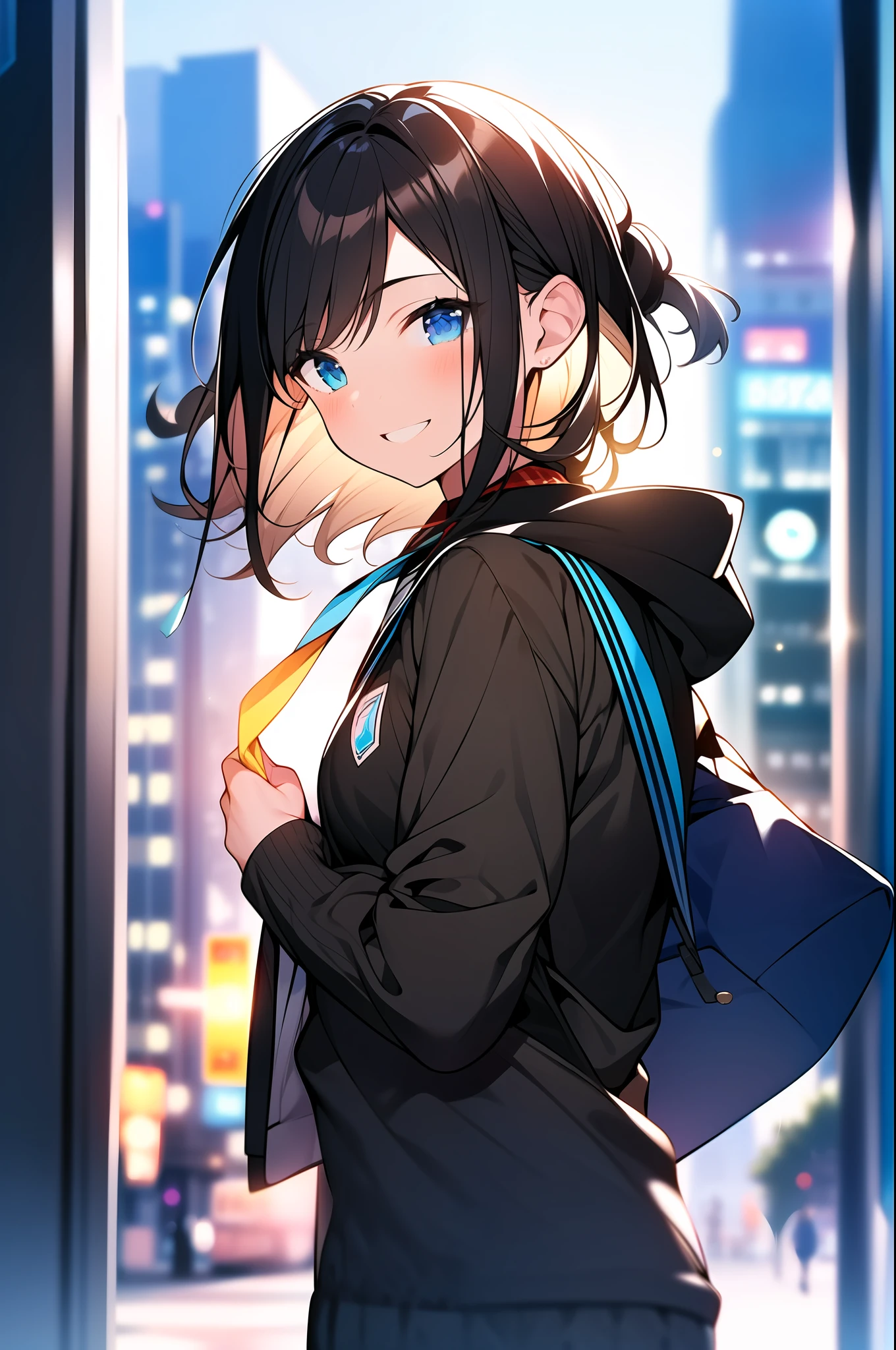 (best quality, masterpiece:1.2), omertosa,1girl,city,professional lighting,photo mapping,radiosity,physically-based rendering,blue backlight bokeh,smile,mature,head portrait,sunlight,blone,short jacket,school uniform,hoodie,short hair,floating hai