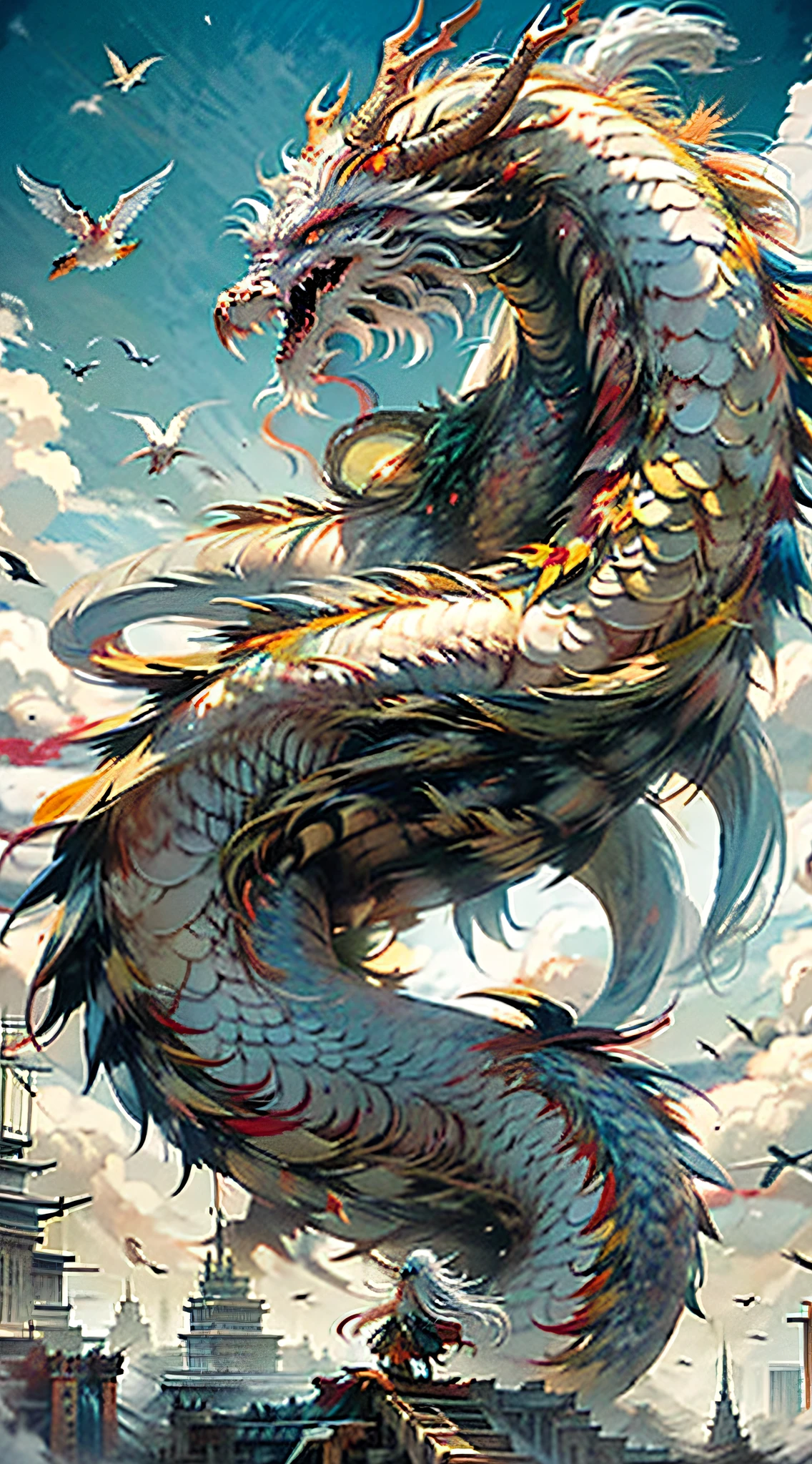 Best quality,masterpiece,ultra high res,nu no humans, (long:1.2),long hair, sharp teeth, red eyes, teeth, giant, 1girl, bird, outdoors, standing, scales, cloud, horns, from behind, armor, sky, open mouth, monster, size difference, white hair, building