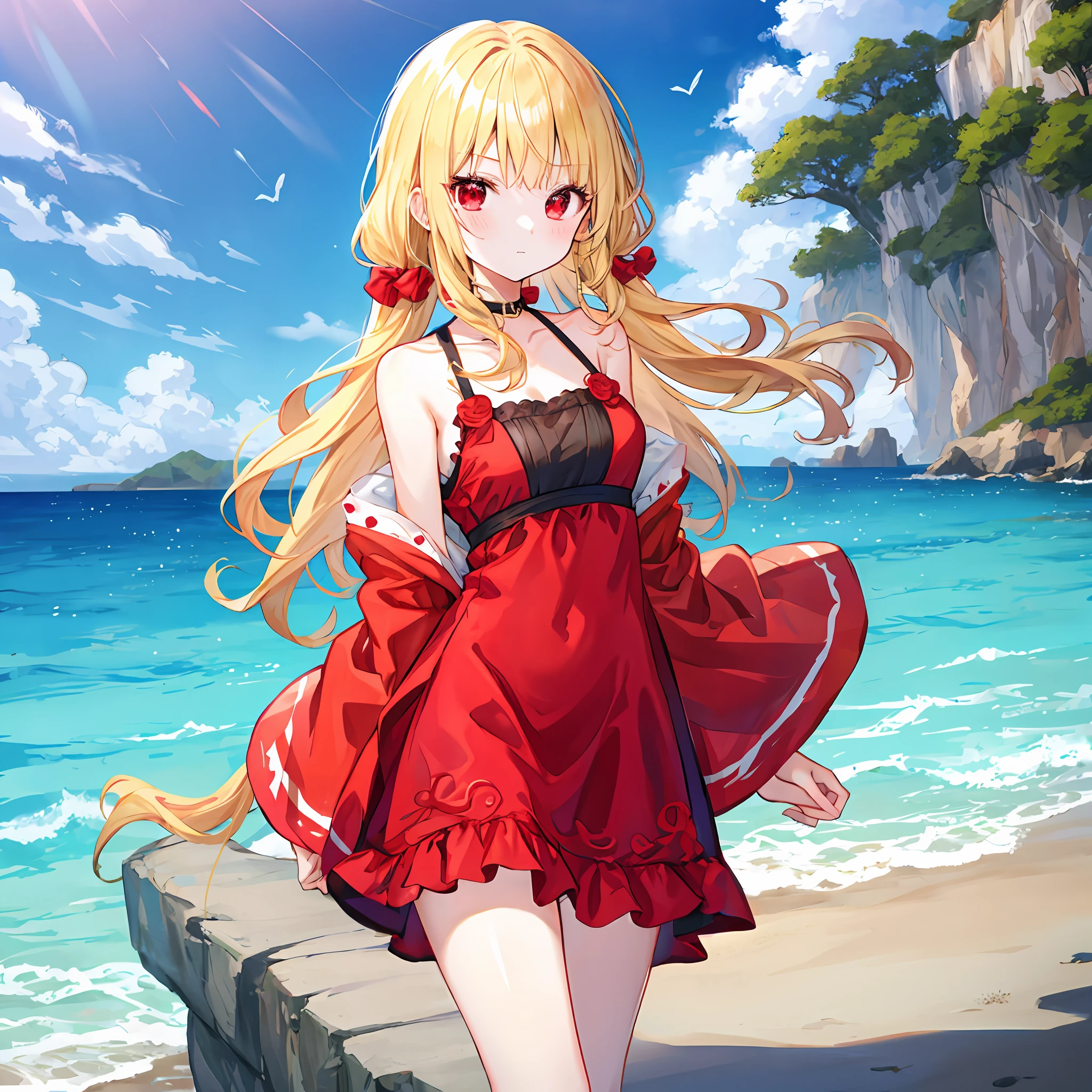 hair wavy、a blonde girl、独奏、red eyes、onepiece、sea side