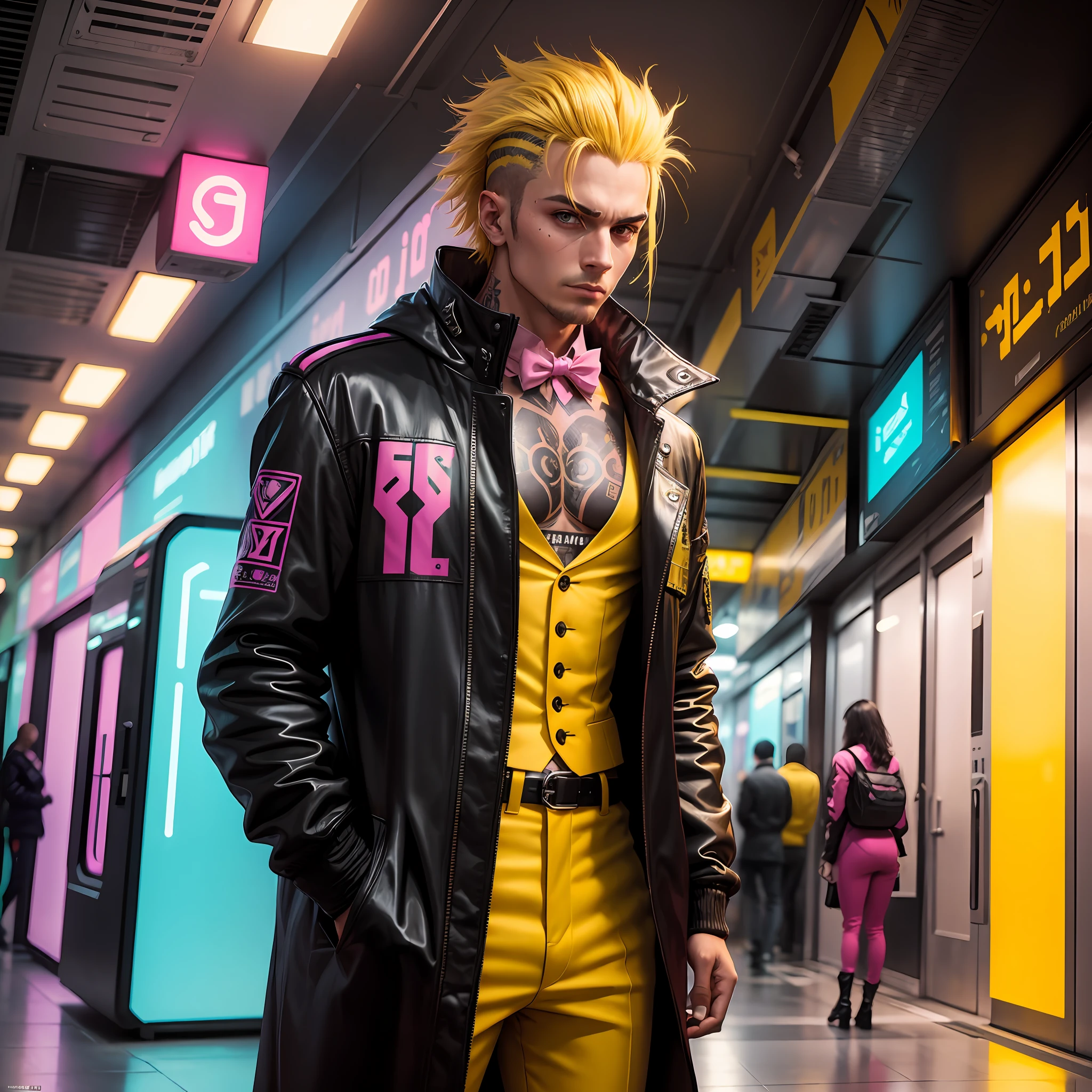 gostaria de uma imagem estilo cyberpunk em 4k de um homem de mais ou menos 20 anos , forte, de pele negra ,com cabelo punk estilo anos 80 na cor amarelo e cinza escuro,muito eLegante,, futurista e estiloso neon , com uma tatuagem super colorida e com neon ,Toattoo, facing a metro station on the platform , with station lights failing in a dimly lit environment, standing dressed in a dark yellow suit with a pink bow tie