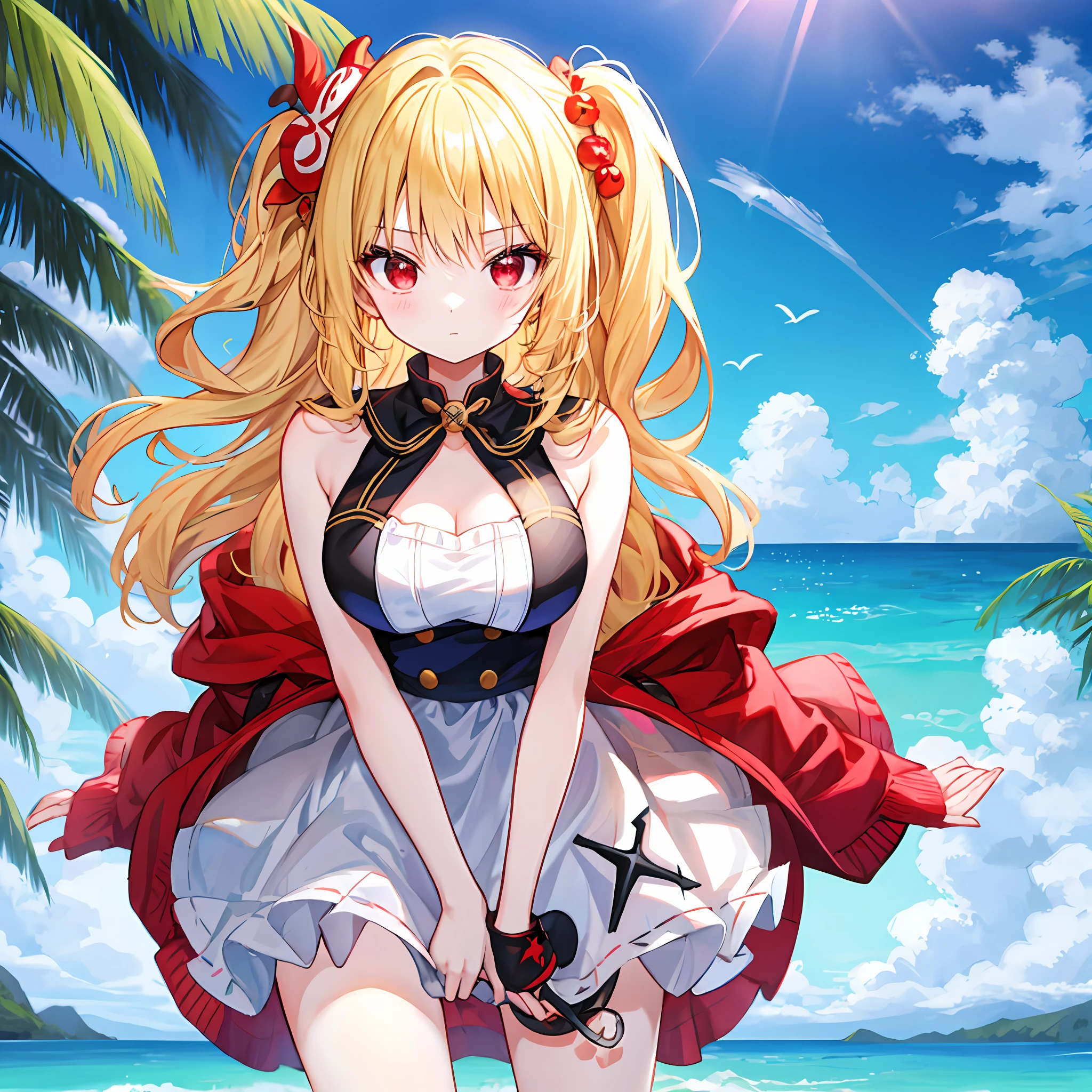 hair wavy、a blonde girl、独奏、red eyes、onepiece、sea side