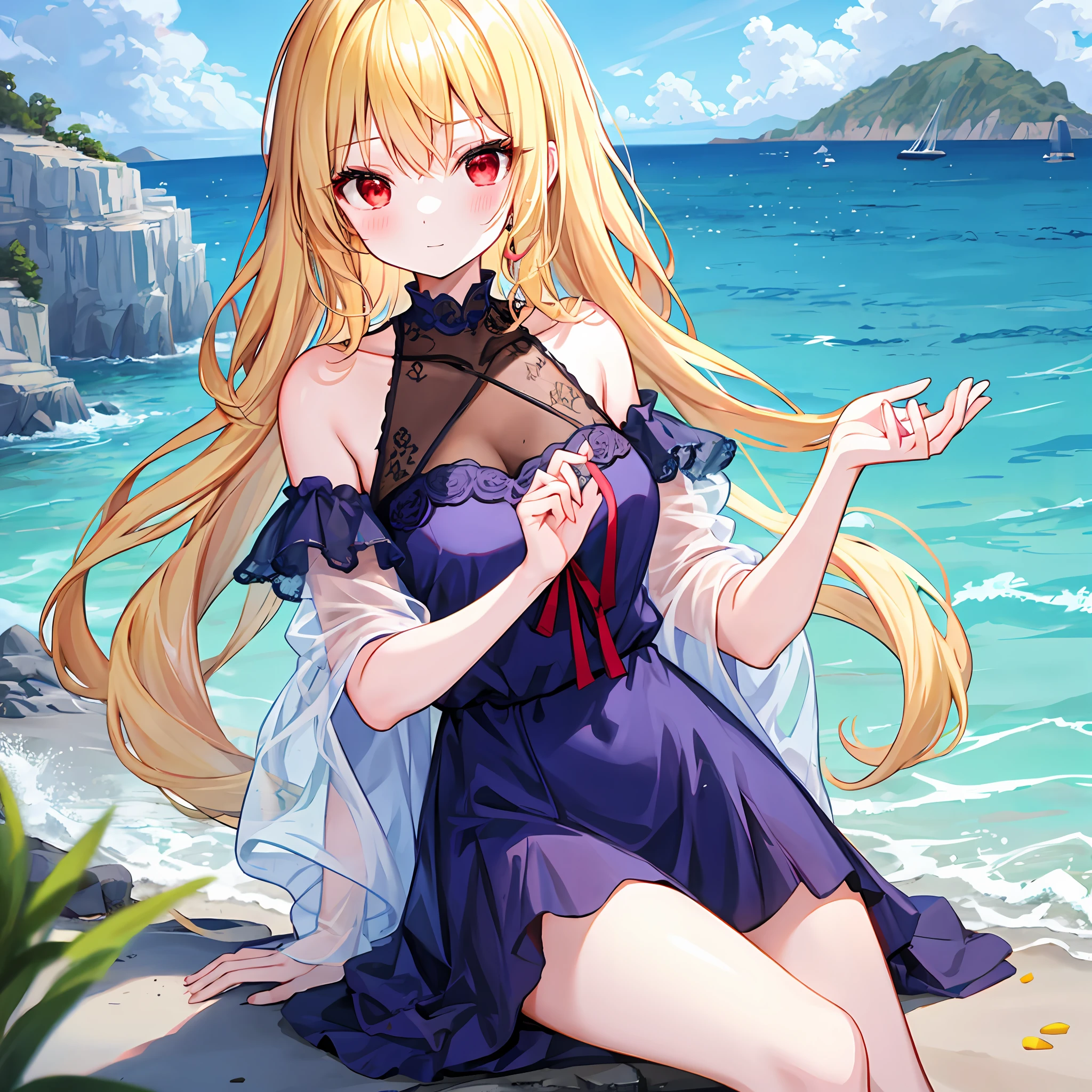 hair wavy、a blonde girl、独奏、red eyes、Dark blue dress、sea side、A sexy