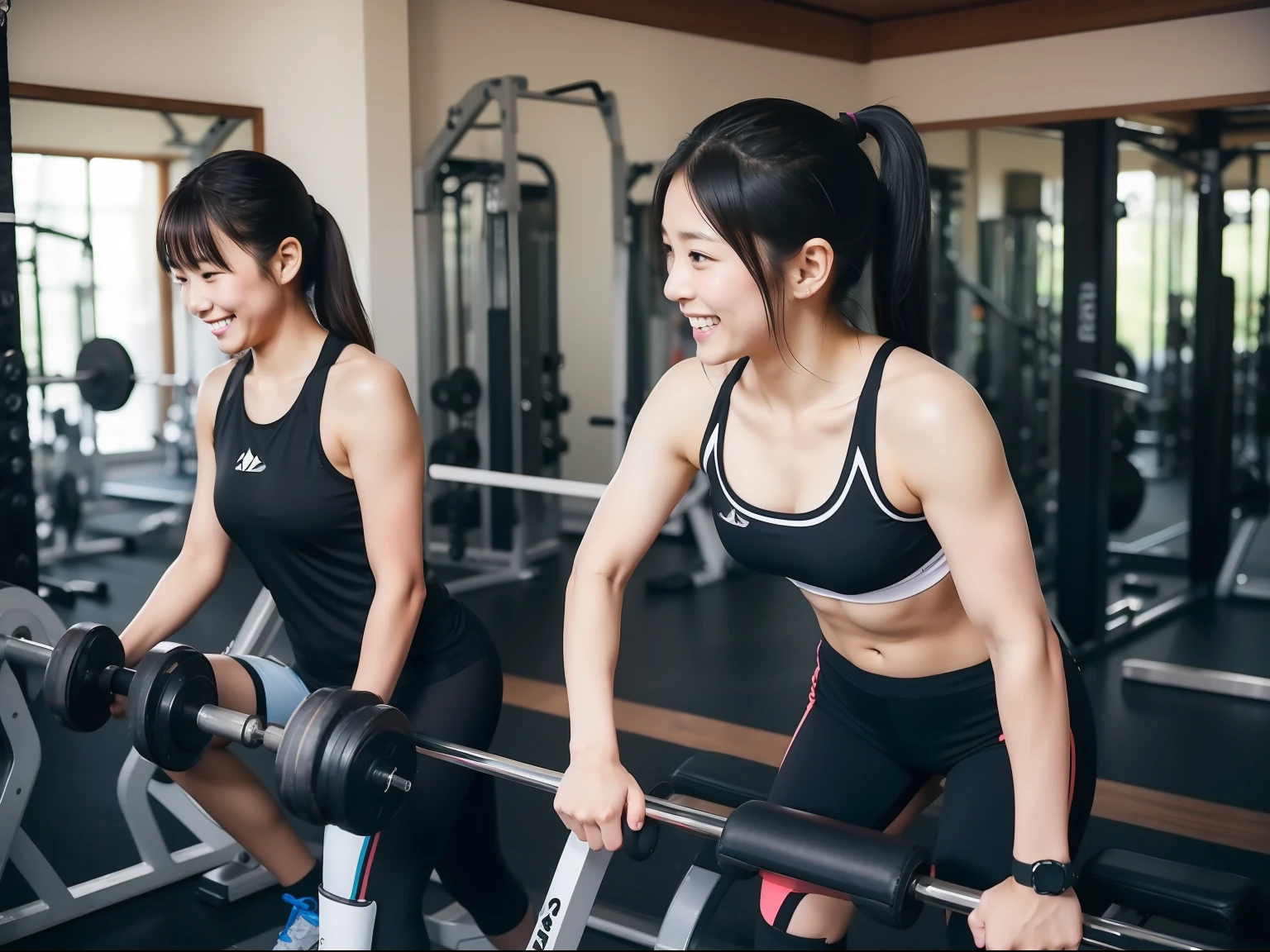 in the fitness gym, Japan women to each other, I don't have anything, Training Guidance, black hair, light smile, Canon, UHD