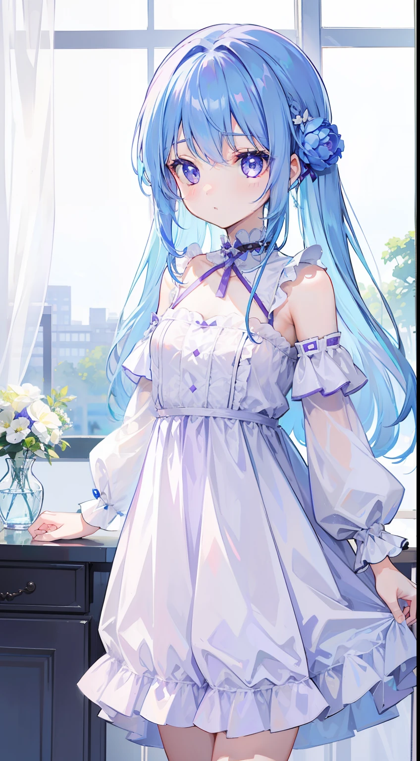 One girl、lightblue hair、Purple eyes、morning、Cute room、to stand、drapes、Long、masterpiece、Top image quality、top-quality、cute little、summer dress
