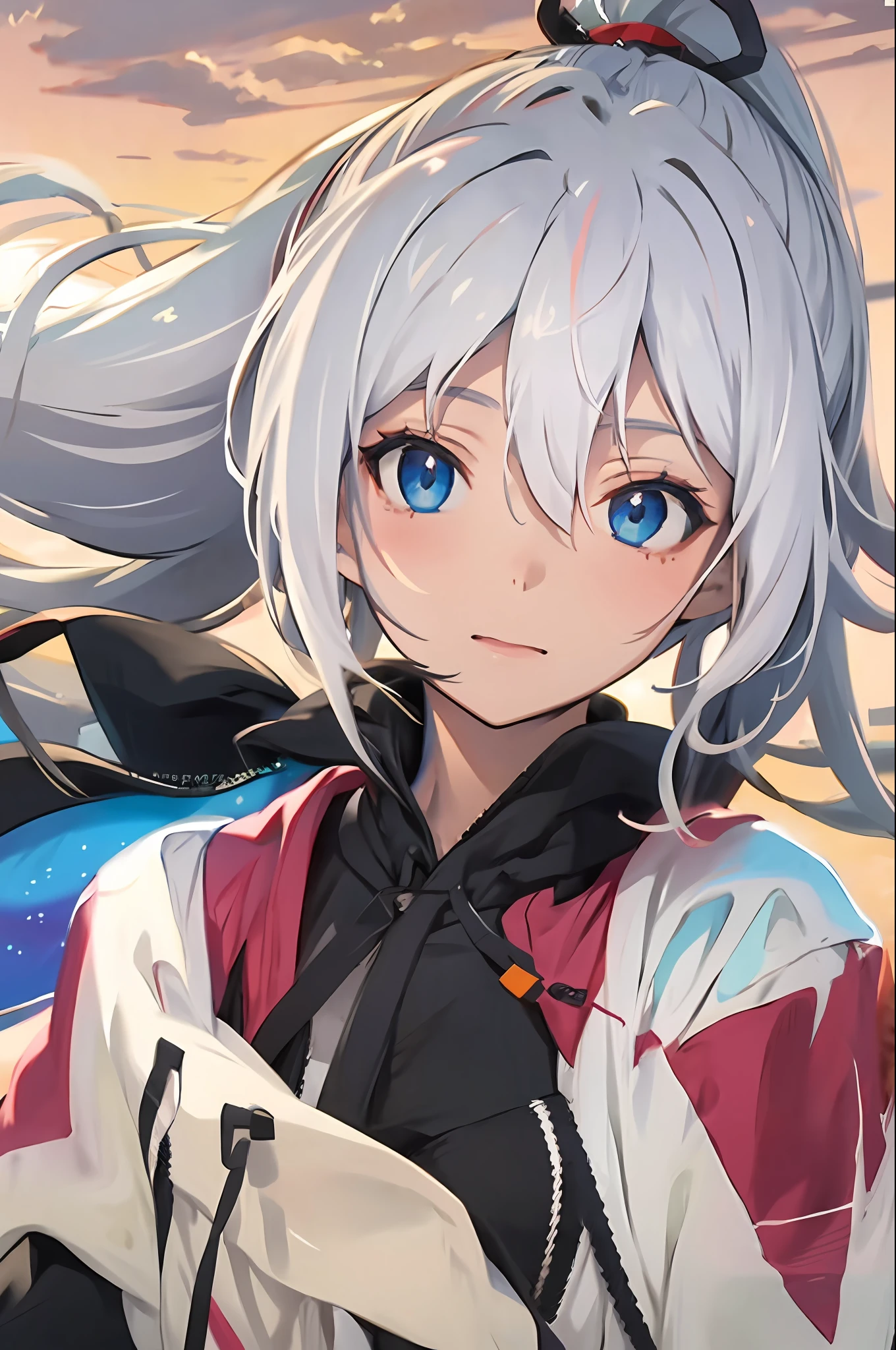 White hair, Blue eyes, High ponytail, Cape,Redhead gradient,{{Best quality}}, {{Masterpiece}}, {{Ultra-detailed}}, {illustration}, {Detailed light}, {An extremely delicate and beautiful}, A girl, {Beautiful detailed eyes}, Stars in Eyes, Messy floating hair, Colored inner hair, Starry sky adorns hair, depth of fields,Loli