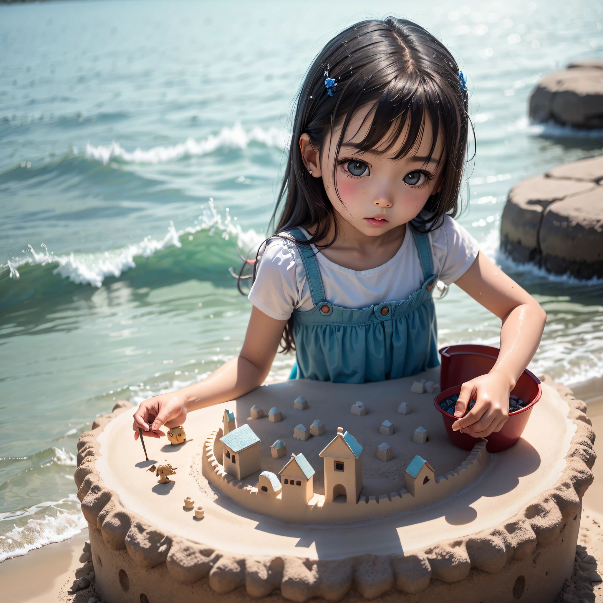 a little lovely kid girl,Play with water pile sandcastles on the clear blue seashore。 --auto