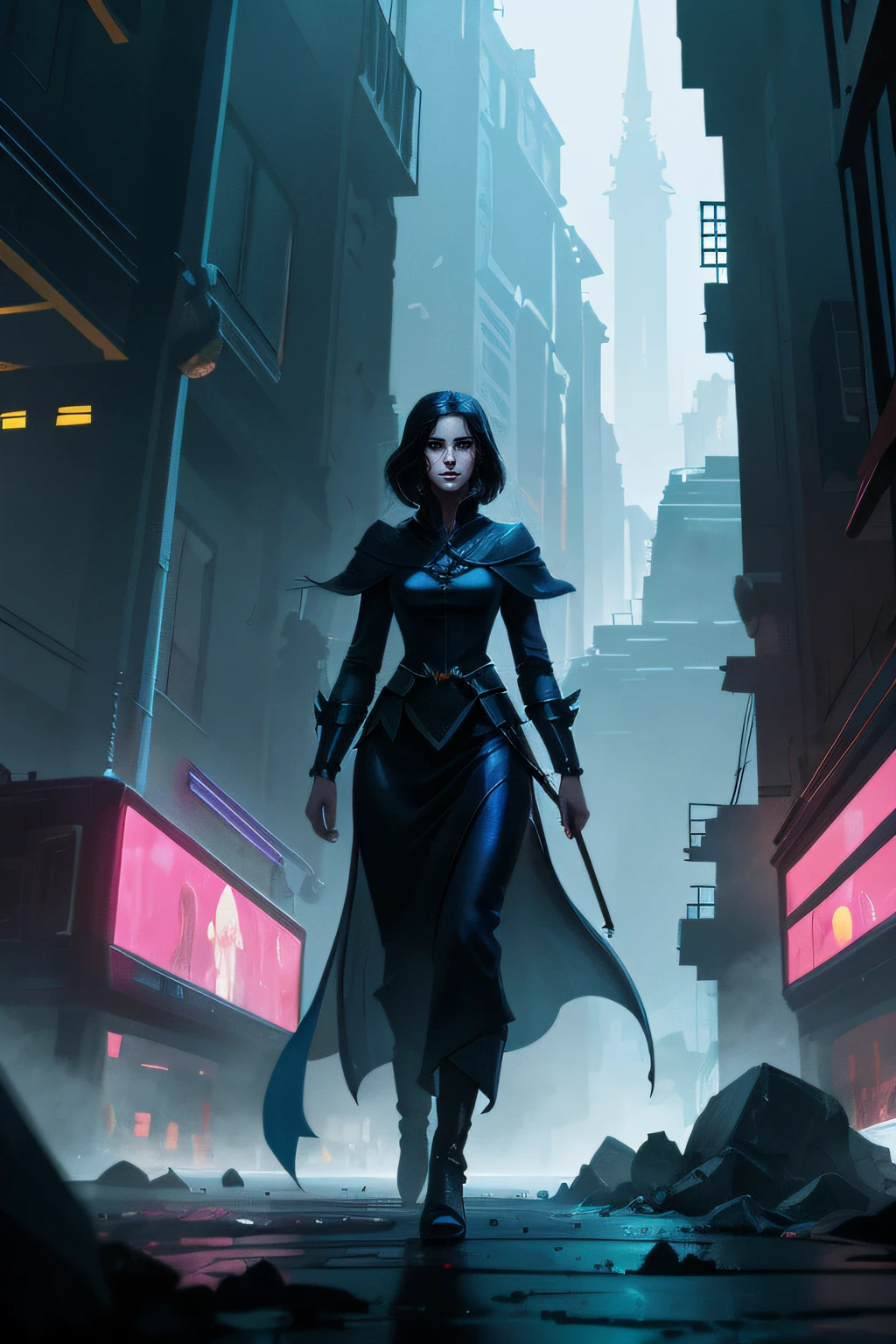 Batman's Dark Knight is walking through a city at night, arte de fantasia urbana estilizada, steel inquisitor from mistborn, arte de fantasia sombria cyberpunk, Alena Aenami e Artgerm, gothic city streets behind her, arte do personagem charlie bowater, Dan Mumford Tom Bagshaw, dark cyberpunk illustration, estilo de arte charlie bowater