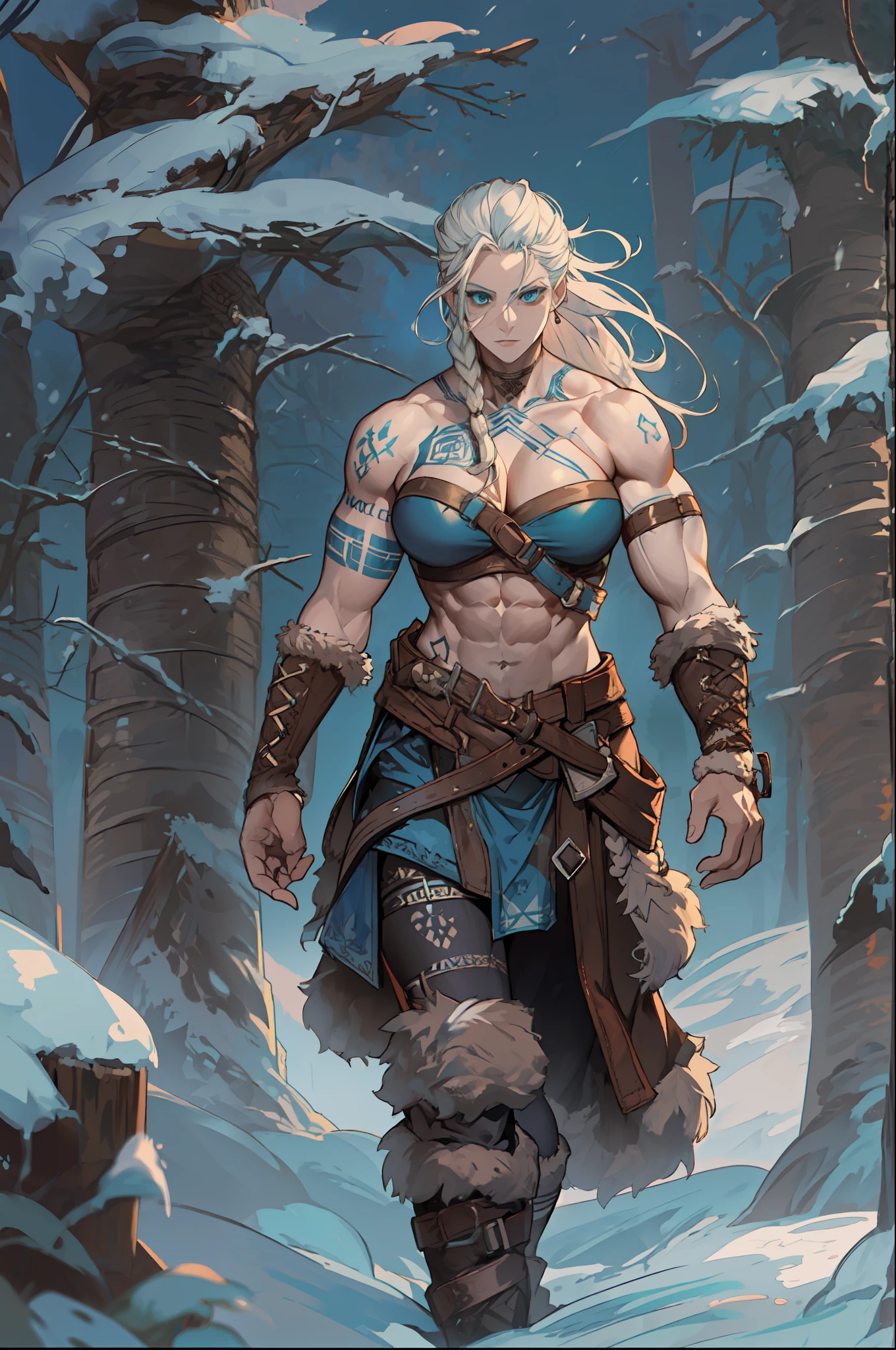 Female viking, (young:1.2), (muscular:1.2), fit, wearing brown furs and hides, (wearing furs:1.3) (blue norse tattoos:1.2), blue eyes, platinum blonde hair, (Dreadlocks:1.4), (Dreads:1.4), (Sideshave:1.4), warrior hair, Setting is a Scandinavian forest in winter, snow, bare arms, exposed naval, (abs:1.2). Highly detailed, norse, berserker, arm muscles, leg muscles, (bulky:1.2), leather straps, (large breasts:1.3), waist up, wide waist, stocky, (tall:1.4)