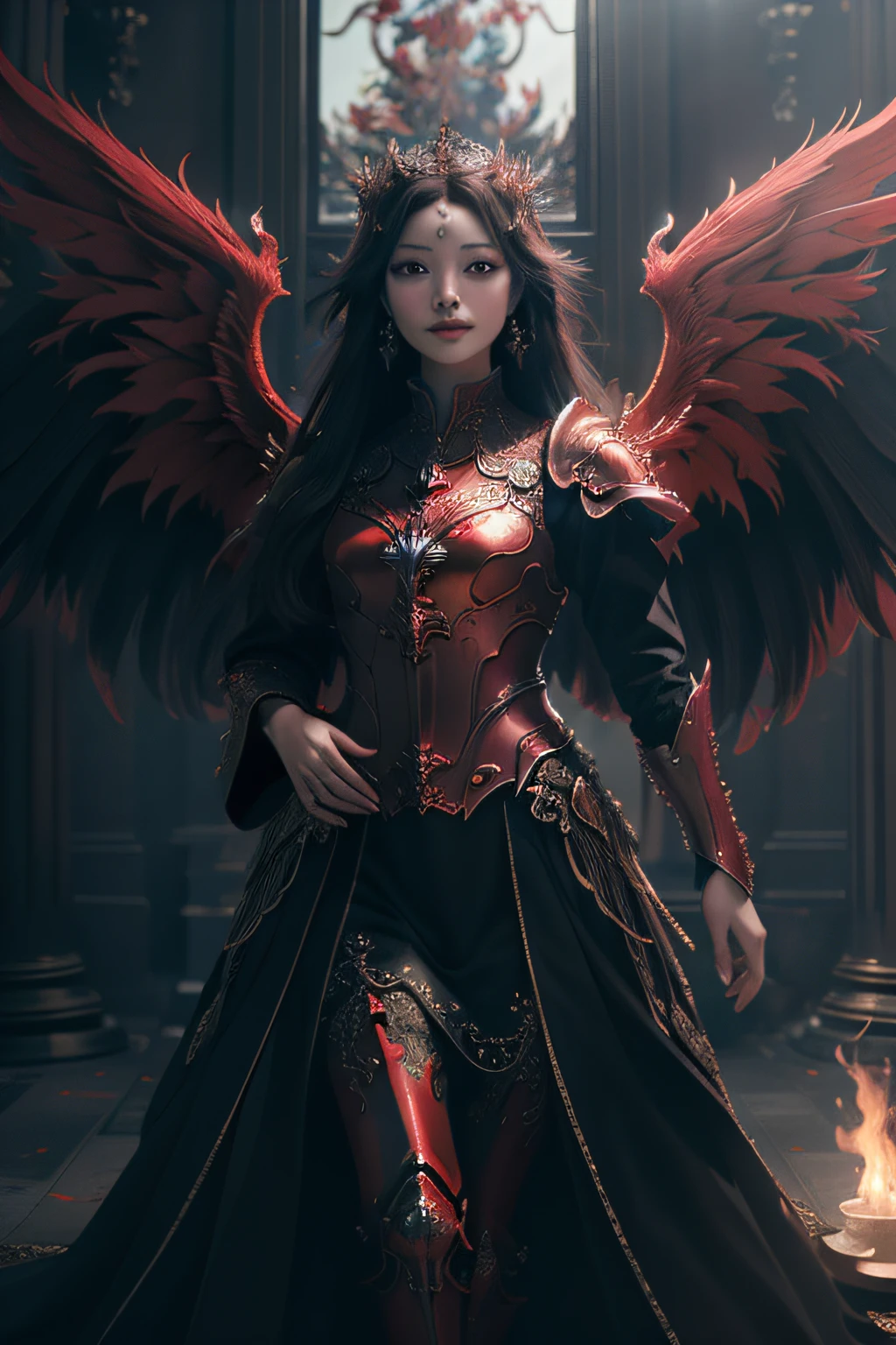 (extremely detailed CG unity 8k wallpaper,masterpiece, best quality, ultra-detailed, beautiful detailed eyes:1.2),best illumination, (best shadow, an extremely delicate and beautiful, bloom),
1gril,solo,red eyes,Heavy armor,long hair,holding sword,Angel wings,black wings,red jewelry,(big wings:1.4),Film filter,Satan, Hellfire,full body,demon,flame,