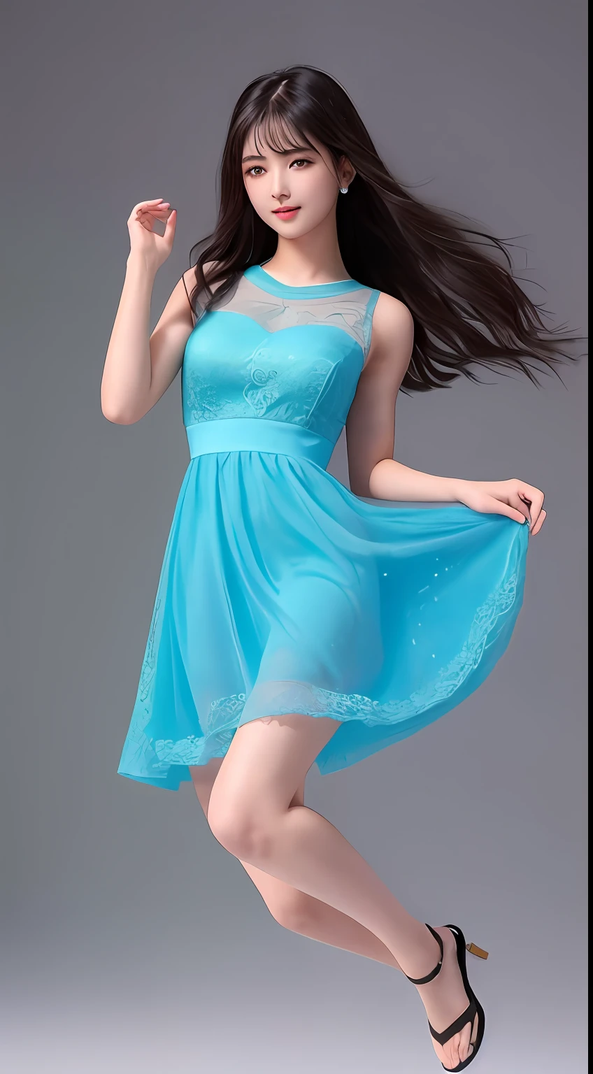 (​masterpiece、1 girl per 1 photo、FULL BODYSHOT、Straight front view)、17 years old girl、Wearing a light blue lace dress、hyper cute face、Slim body、Natural makeup、long eyeslashes、（A dark-haired)、((de pele branca))、Beautiful skin、image in center、8K分辨率、high detal、detailed hairstyle、A detailed face、spectacular movie lighting、with a vibrant、Ultra-realistic、Perfect limbs、Jumping statue with one leg bent、perfect anatomia、Simple background