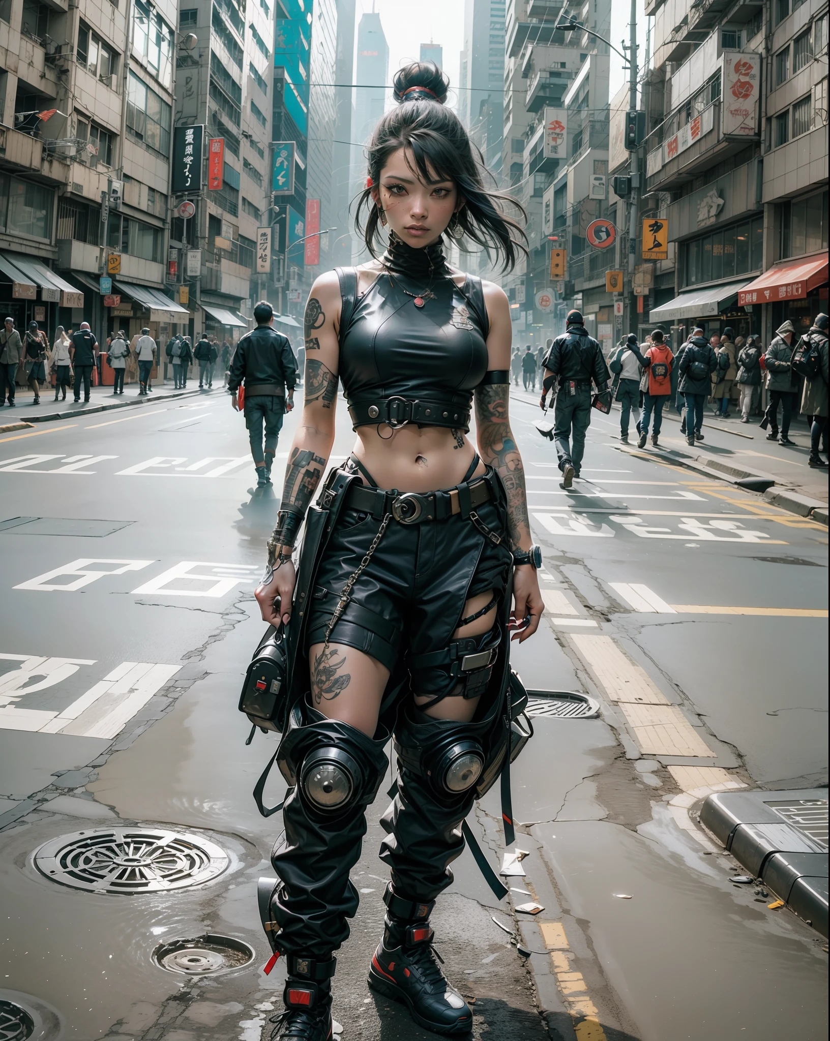 Arafed Mujer con un tatuaje en el pecho y un par de espadas, cyberpunk art inspired by Kanō Hōgai, tendencias en CGSociety, neo-dada, Cyberpunk Streetwear, very beautiful cyberpunk samurai, Llevar ropa de calle cyberpunk, Samurai cyberpunk, cyberpunk street goon, wearing japanese techwear, Ropa cyberpunk, Ropa de moda cyberpunk, Moda cyberpunk, Urban samurai