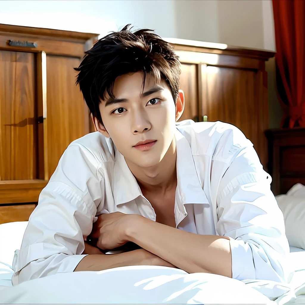 best qualtiy,(realisticlying:1.4), tmasterpiece, Kodak Portra 400, white bed sheet,Lie flat on the bed,(Face focus:1.3),1boys ,white skinned,Show muscles, posing on a, looking at viewert , sface focus