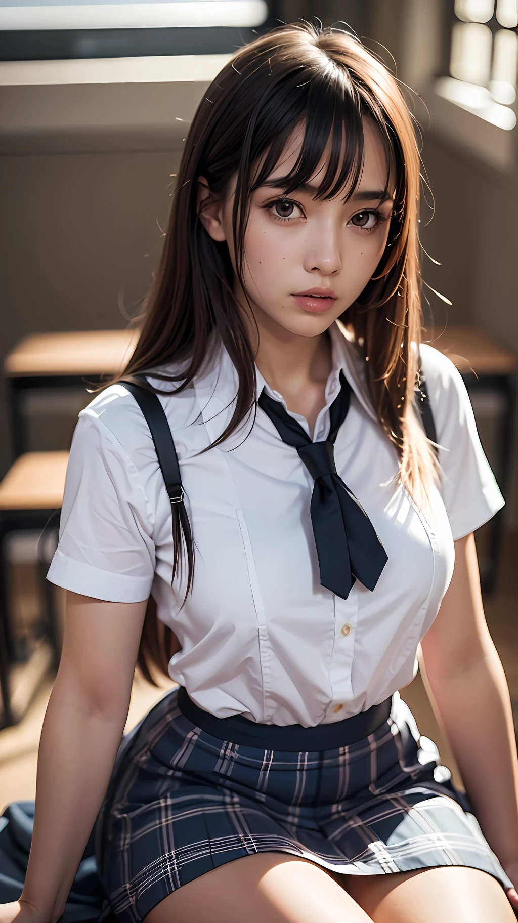 masterpiece, best quality, 8k, official art, raw photo, incredibly absurdres, beautiful girl, pretty face, (sitting, cowboy shot, school uniform, thighs:1.2), white shirt, looking at viewer, teen, classroom, ultra realistic, highres, photography, navy pleated skirt, film grain, chromatic aberration, sharp focus, facelight, dynamic lighting, cinematic lighting, highest detailed, extreme detailed, ultra detailed, finely detail, extremely detailed eyes and face