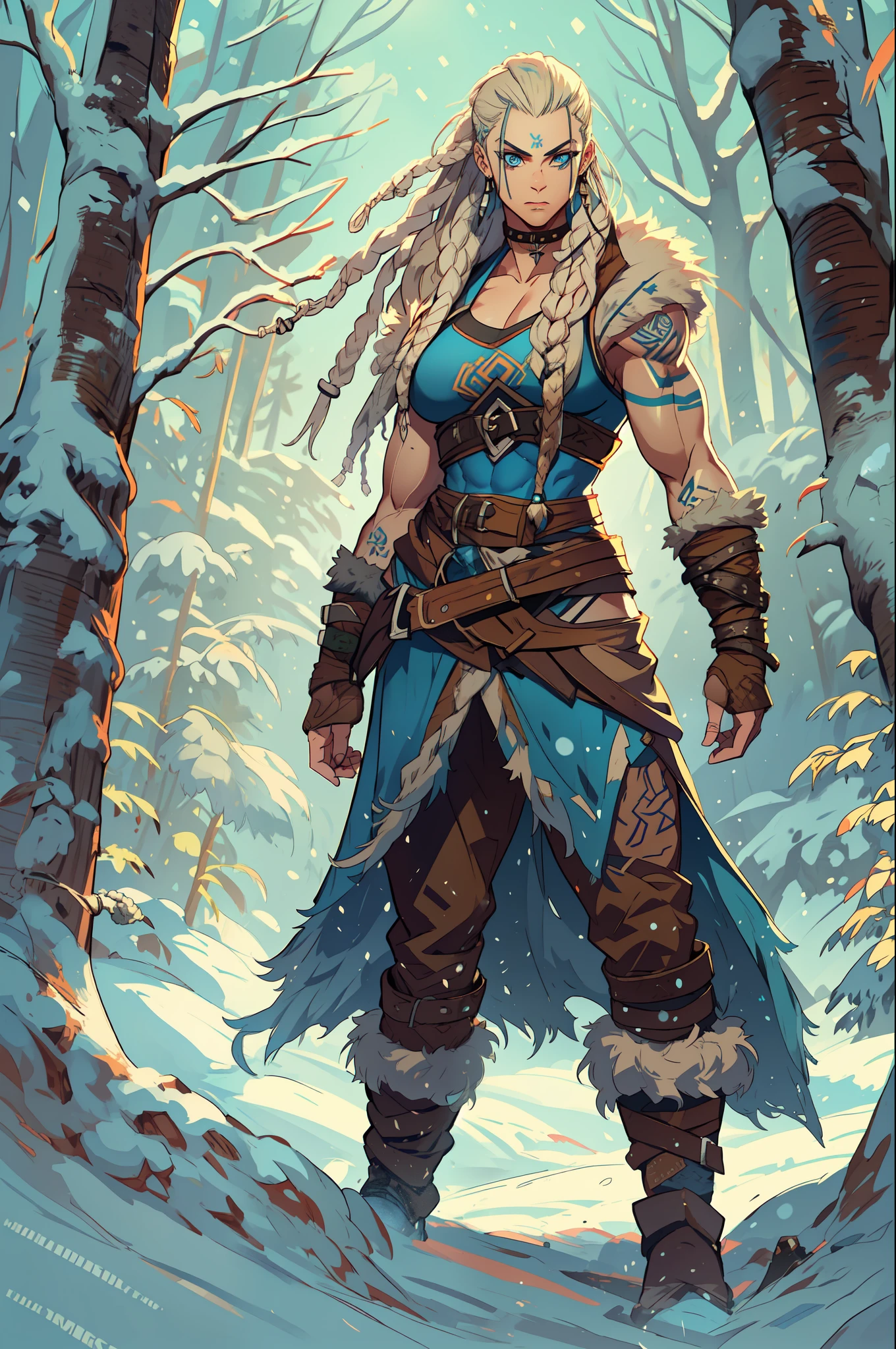 Female viking, (young:1.2), (muscular:1.2), fit, wearing brown furs and hides, (wearing furs:1.3) (blue norse tattoos:1.2), blue eyes, platinum blonde hair, (Dreadlocks:1.4), (Dreads:1.4), (Sideshave:1.4), warrior hair, Setting is a Scandinavian forest in winter, snow, bare arms, exposed naval, (abs:1.2). Highly detailed, norse, berserker, arm muscles, leg muscles, (bulky:1.2), leather straps, (large breasts:1.3), waist up, wide waist, stocky, (tall:1.4)