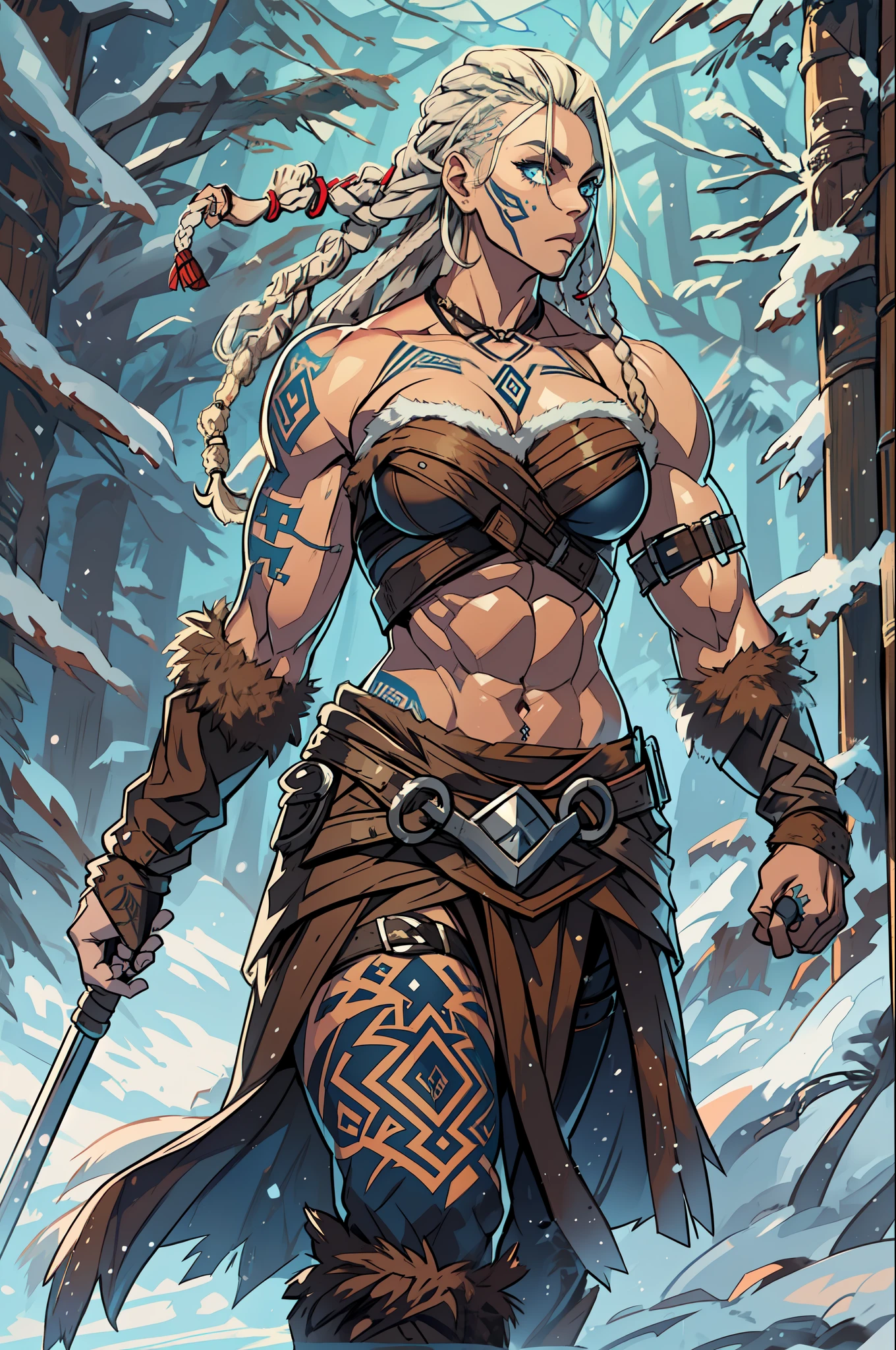 Female viking, (young:1.2), (muscular:1.2), fit, wearing brown furs and hides, (wearing furs:1.3) (blue norse tattoos:1.2), blue eyes, platinum blonde hair, (Dreadlocks:1.4), (Dreads:1.4), (Sideshave:1.4), warrior hair, Setting is a Scandinavian forest in winter, snow, bare arms, exposed naval, (abs:1.2). Highly detailed, norse, berserker, arm muscles, leg muscles, (bulky:1.2), leather straps, (large breasts:1.3), waist up, wide waist, stocky, (tall:1.4)