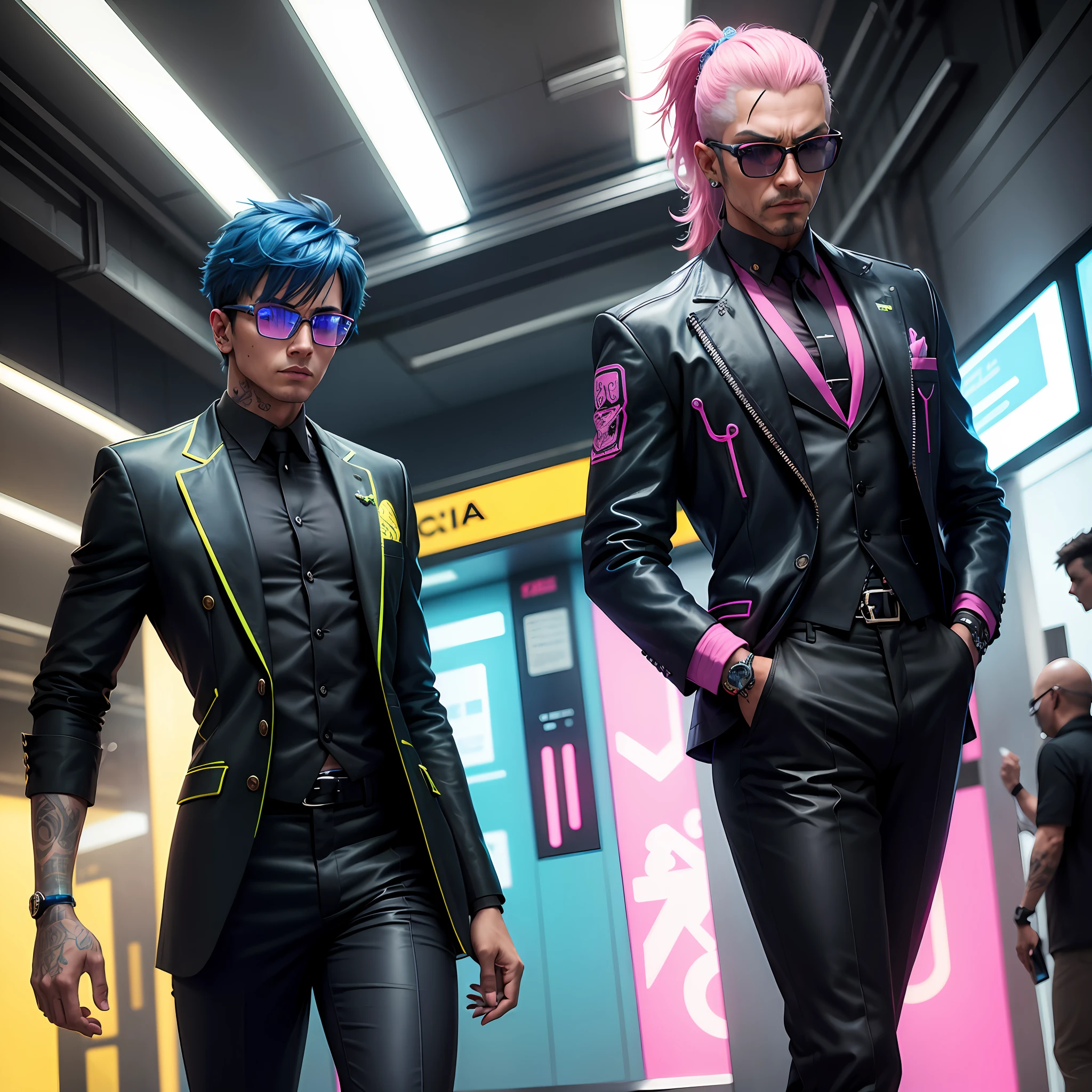 gostaria de uma imagem estilo cyberpunk em 4k de um homem de mais ou menos 45 anos , forte, de pele negra ,com cabelo punk estilo anos 80 na cor azul neon,cabelo azul ,muito eLegante,, futurista e estiloso neon , com uma tatuagem super colorida e com neon ,Toattoo, oculos futurista,oculos, facing a metro station on the platform , with station lights failing in a dimly lit environment, standing dressed in a dark yellow suit with a pink bow tie