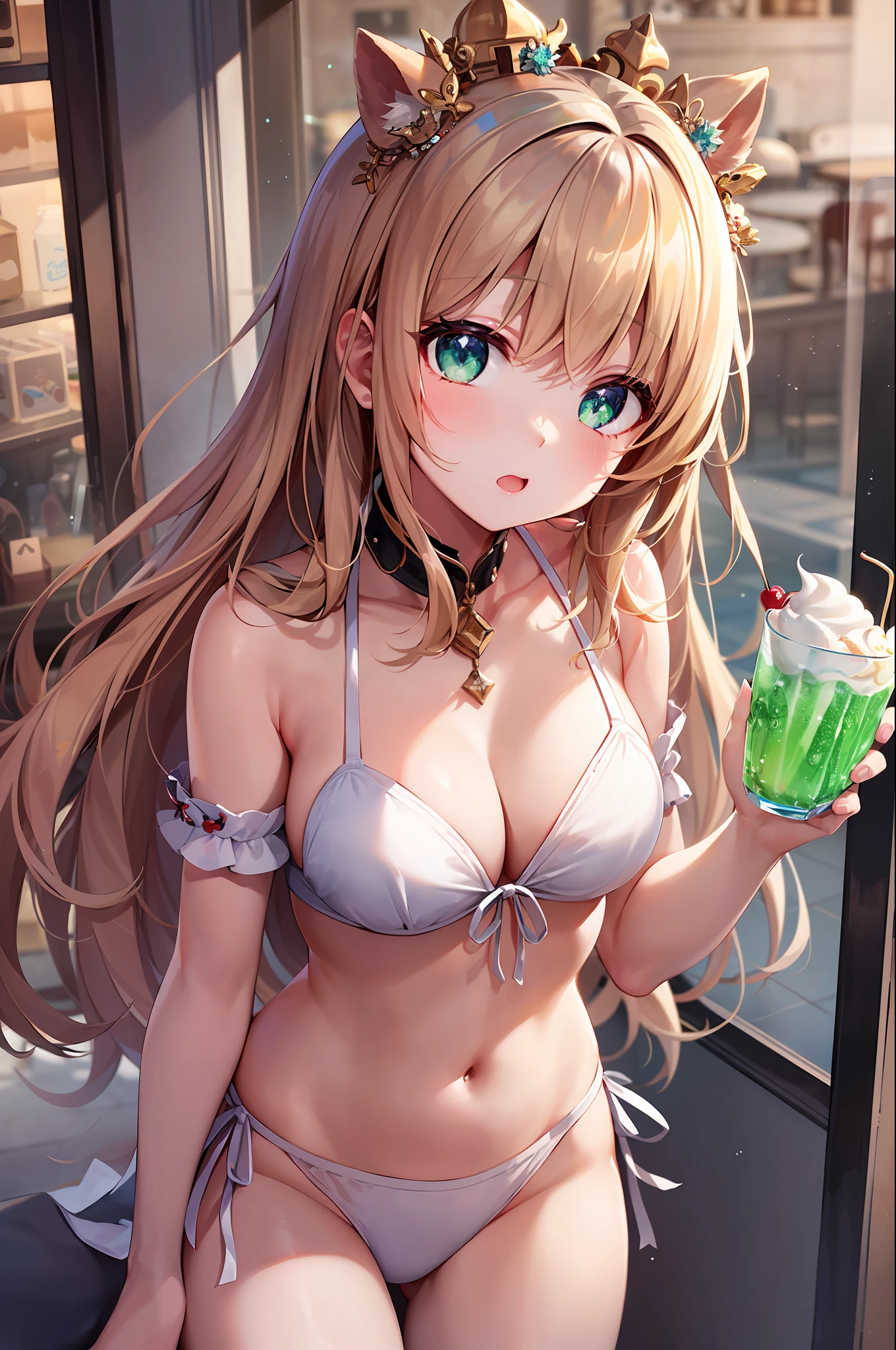 top-quality、Top image quality、8K、Personification of cream soda、Chibichara、(Glass contains green sparkling water.、It is among the girls of the chibi character)、Vanilla ice cream and cherry topping、(Chibichara girl wears vanilla ice cream on her head) Girl is wearing a white bikini