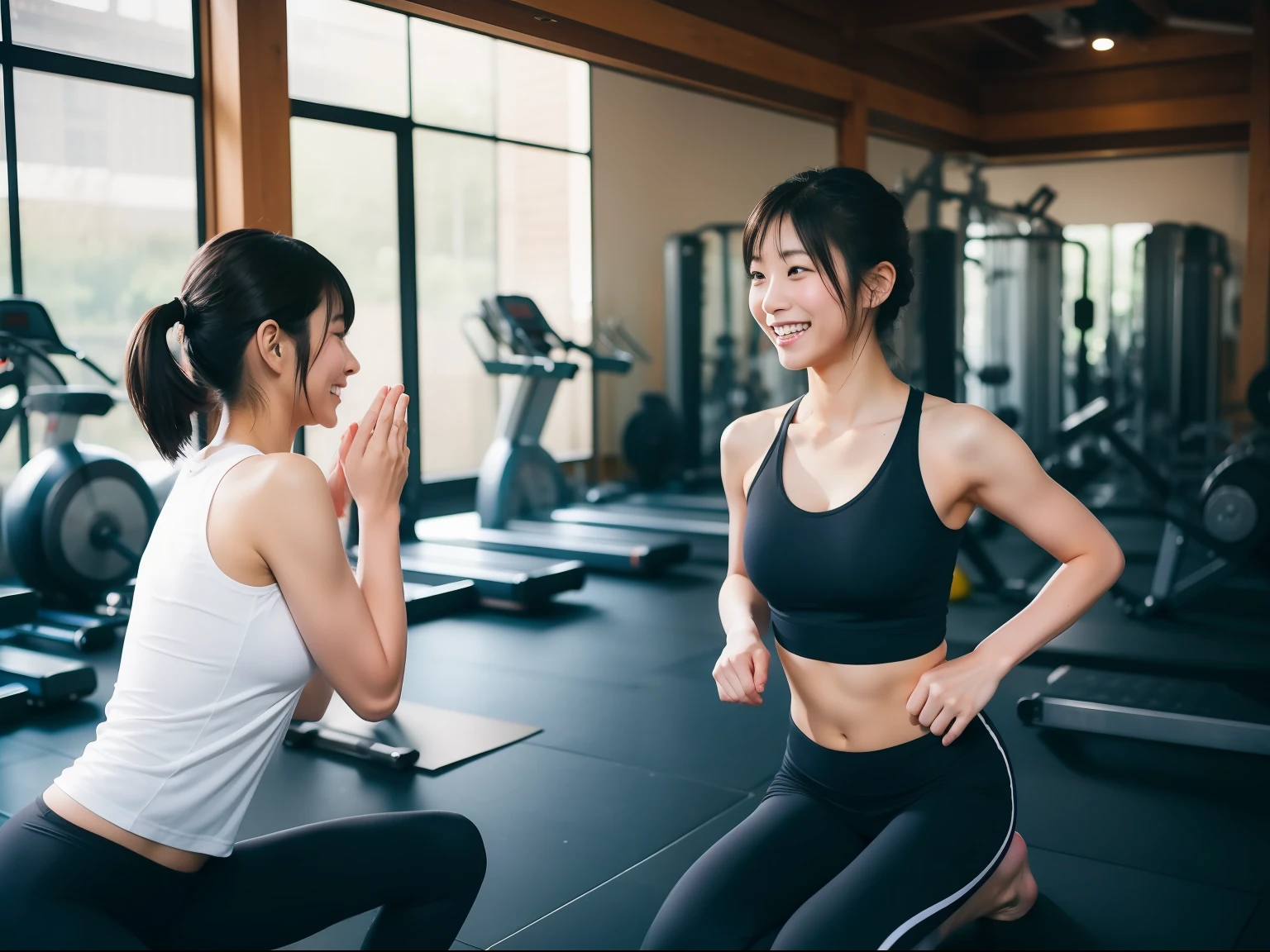 in the fitness gym, Japan women to each other, I don't have anything, Yoga Instruction, black hair, light smile, Canon, UHD