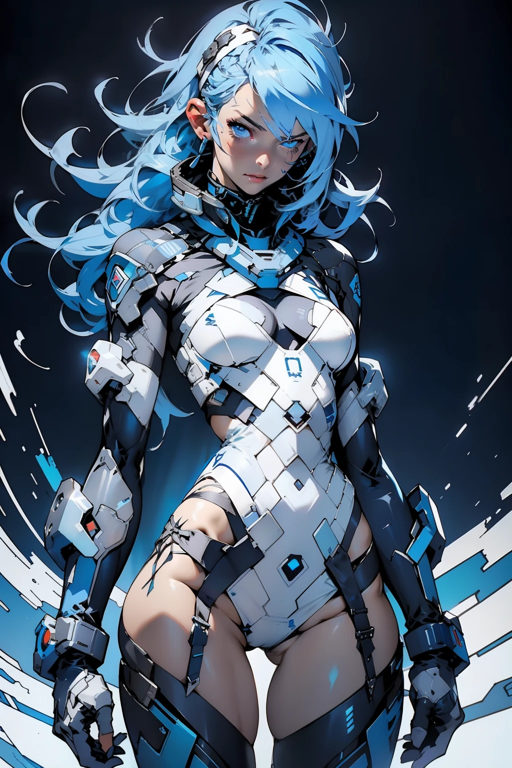 ((Best quality)), ((masterpiece)), (detailed: 1.4), (((light blue and white stripes)))), A cyberpunk warrior 35-year-old woman with nearly naked Simon Bisley style for the cover of Heavy Metal magazine, bare thighs, tiny thong, garter belt, (((blue hair with white locks))), clean face, Minimum clothing, light blue carbon fiber cyberpunk clothing with small details in dark blue and white, (((blue clothing))), (((mature woman))), (((full body)), (((white tiny thong ))), mechasuit