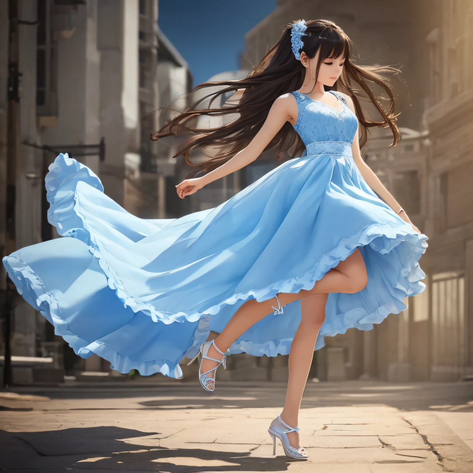 (masterpiece、1 girl per 1 photo、FULL BODYSHOT、Straight front view)、17 years old girl、Wearing a light blue lace dress、hyper cute face、Slim body、Natural makeup、long eyeslashes、(A dark-haired)、((de pele branca))、Beautiful skin、image in center、8K分辨率、high detal、detailed hairstyle、A detailed face、Natural lighting、with a vibrant、Ultra-realistic、Perfect limbs、Jumping statue with one leg bent、perfect anatomia、Simple background --auto