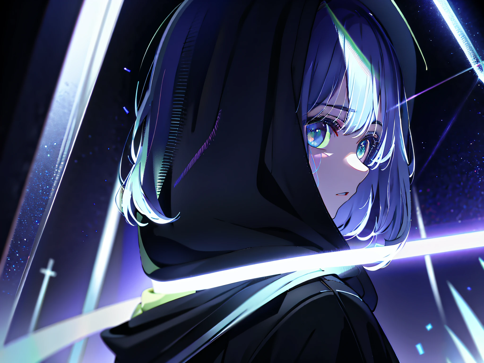 detailedbackground, tmasterpiece, best qualtiy, hoody, darkly, the night, glowing light eyes, rays of black light,zombie