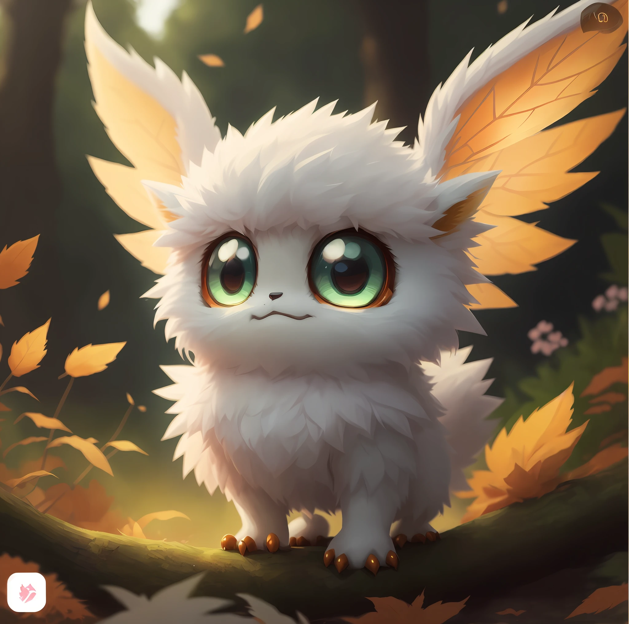 There is a small white creature with large green eyes sitting on a branch, arte digital detalhada bonito, painting digital adorable, criatura fofa da floresta, bela arte digital, illustration pokemon, inspirado no WLOP, fanart detalhado, advanced digital chibi art, Eevee, arte detalhada bonito, estilo de pokemon bonito, O estilo do WLOP, 8k arte detalhada de alta qualidade, Arte WLOP; change position.