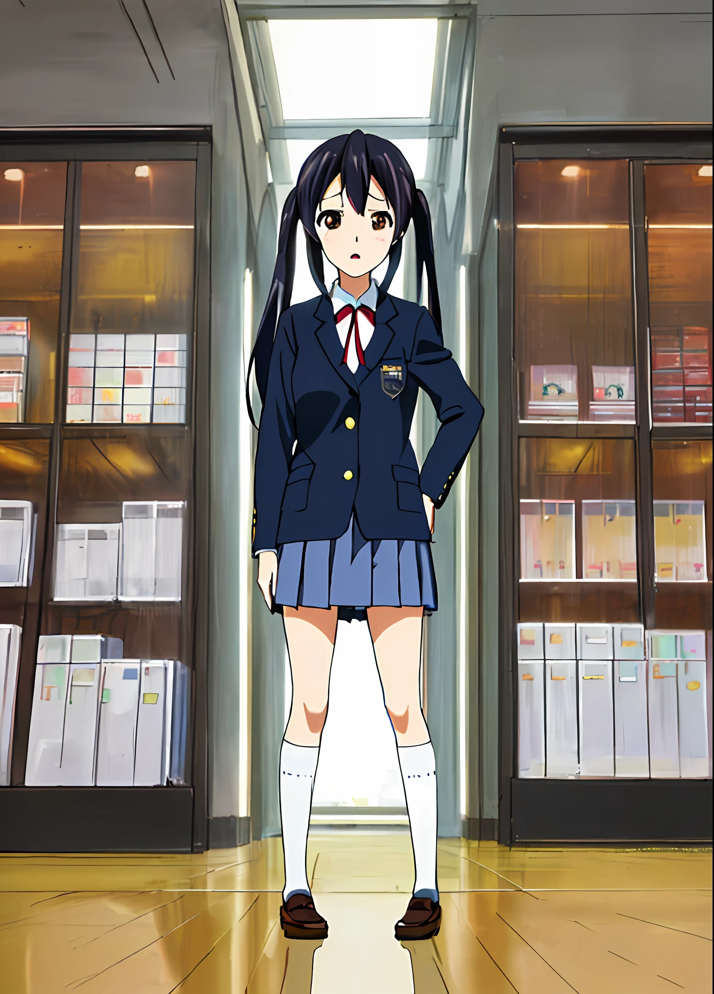 1girl, ((((Masterpiece))), Best Quality, Best Quality, High Detail, Azusa Nakano, 1girl, Sakuragaoka High School Uniform, Musical Instrument, School Uniform, Twin Tails, Long Hair, Black Hair, Brown Eyes, Solo, Red, Dark blue blazer with a thin ribbon of red, Solid white button shirt under blazer, Illustration, Cartoon, Soothing tones, Muted colors, Soft cinematic light, Adobe Lightroom, Photo Lab, HDR, complex and highly detailed, (((depth of field))))). (((Masterpiece))). (((highest quality))).) ((super detail))). (((Illustration))). (((外))).dynamic focus.small breasts. (((skyscrapers))). (((Cityscape))). (((Face of sadness))). open mouth. (((hands on hips))). (((Proud))).