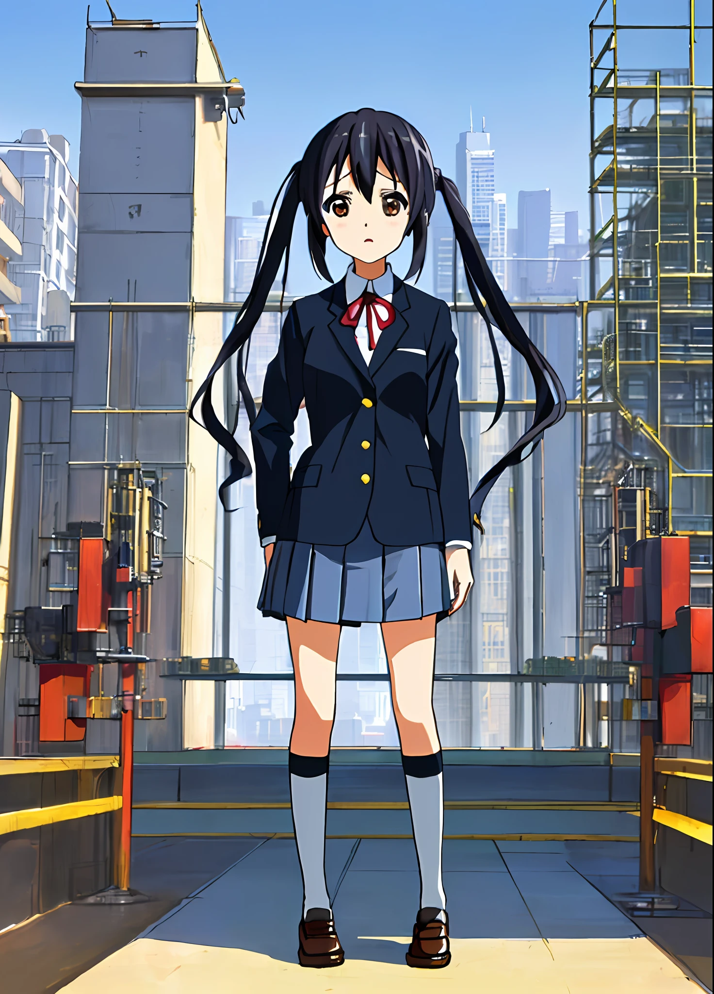 1girl, ((((Masterpiece))), Best Quality, Best Quality, High Detail, Azusa Nakano, 1girl, Sakuragaoka High School Uniform, Musical Instrument, School Uniform, Twin Tails, Long Hair, Black Hair, Brown Eyes, Solo, Red, Dark blue blazer with a thin ribbon of red, Solid white button shirt under blazer, Illustration, Cartoon, Soothing tones, Muted colors, Soft cinematic light, Adobe Lightroom, Photo Lab, HDR, complex and highly detailed, (((depth of field))))). (((Masterpiece))). (((highest quality))).) ((super detail))). (((Illustration))). (((外))).dynamic focus.small breasts. (((skyscrapers))). (((Cityscape))). (((Face of sadness))). open mouth. (((hands on hips))). (((Proud))).