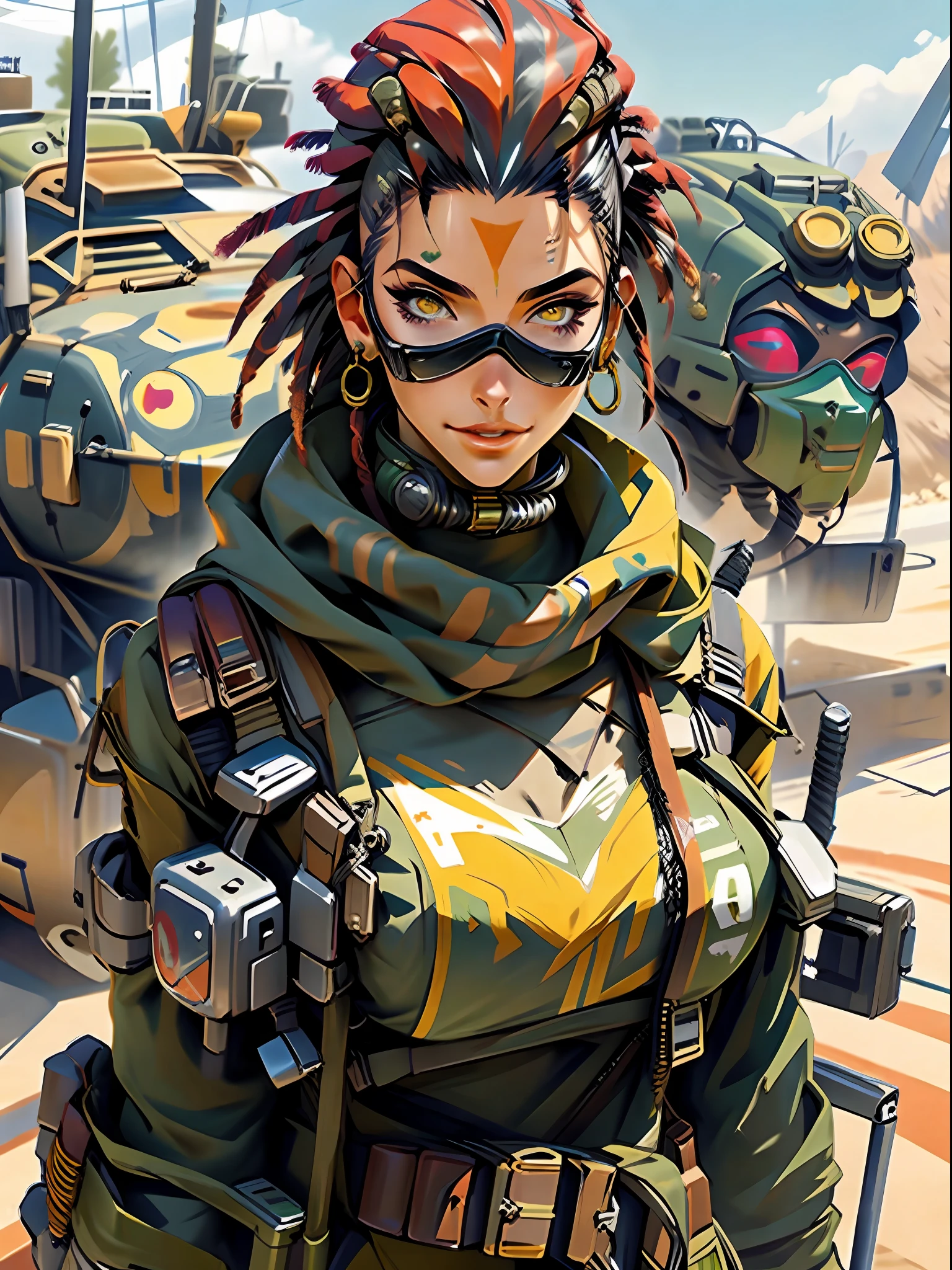 corpo inteiro, master part, best quality, super detalhe, 8k, mulher linda, Tank Girl com cara de maluca, sorriso malicioso , cabelo moicano colorido, garota punk, post-apocalyptic world, ((  do tanque )), Nijistyle, roupas rasgadas e sujas, moicano curto, sides of shaved head, rosto limpo