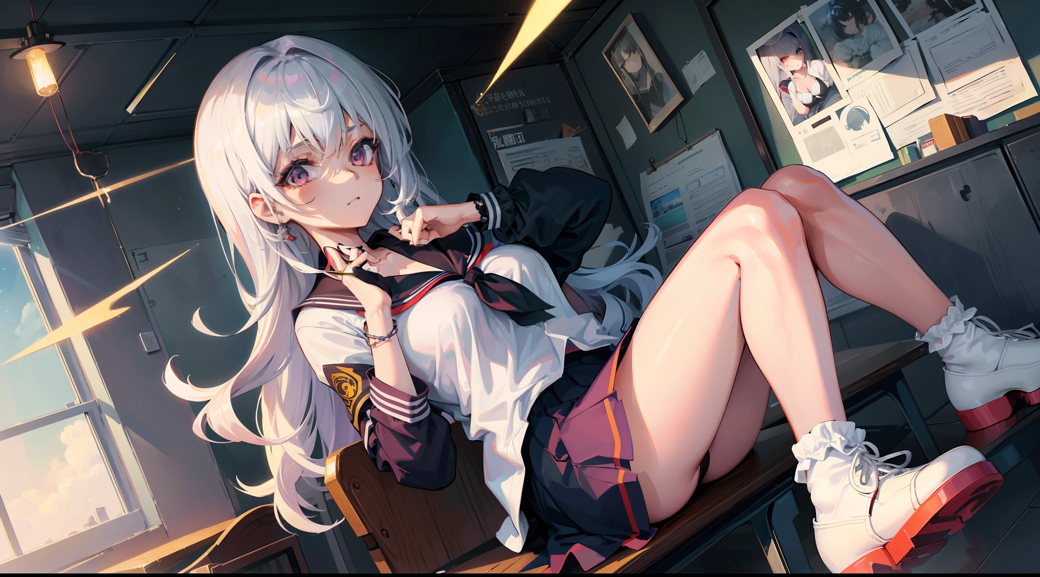 There is a bad schoolgirl sitting in the classroom、Colored paint on the face、The color hair、Slender figure、Pale skin、Bright and sharp eyes、High nose、Tattered light jacket、baggy pants、Rock band T-shirt、Costume for rebel signs、Platform white shoes、silver trinkets、Face with stars makeup、A playful expression、Delicate face、(Extreme Detail CG Unity 8K Wallpapers,tmasterpiece,Highest image quality),(Delicate light and shadow,The picture is highly dramatic,Cinematic lens effect)、Youthful bright colors、Fashionab、Wrist watch、hair pin、Hair rope、Headbands、Bracelet、Anklets、over knee socks、Leg socks、耳Nipple Ring、Falling debris、with beautiful colors、youthfulenergy、adolable、quadratic element、Brush stroke、中景 the scene is、Full body like、Scattered school supplies、Loose paper、anime big breast、quadratic element、adolable、Colorful hairstyles