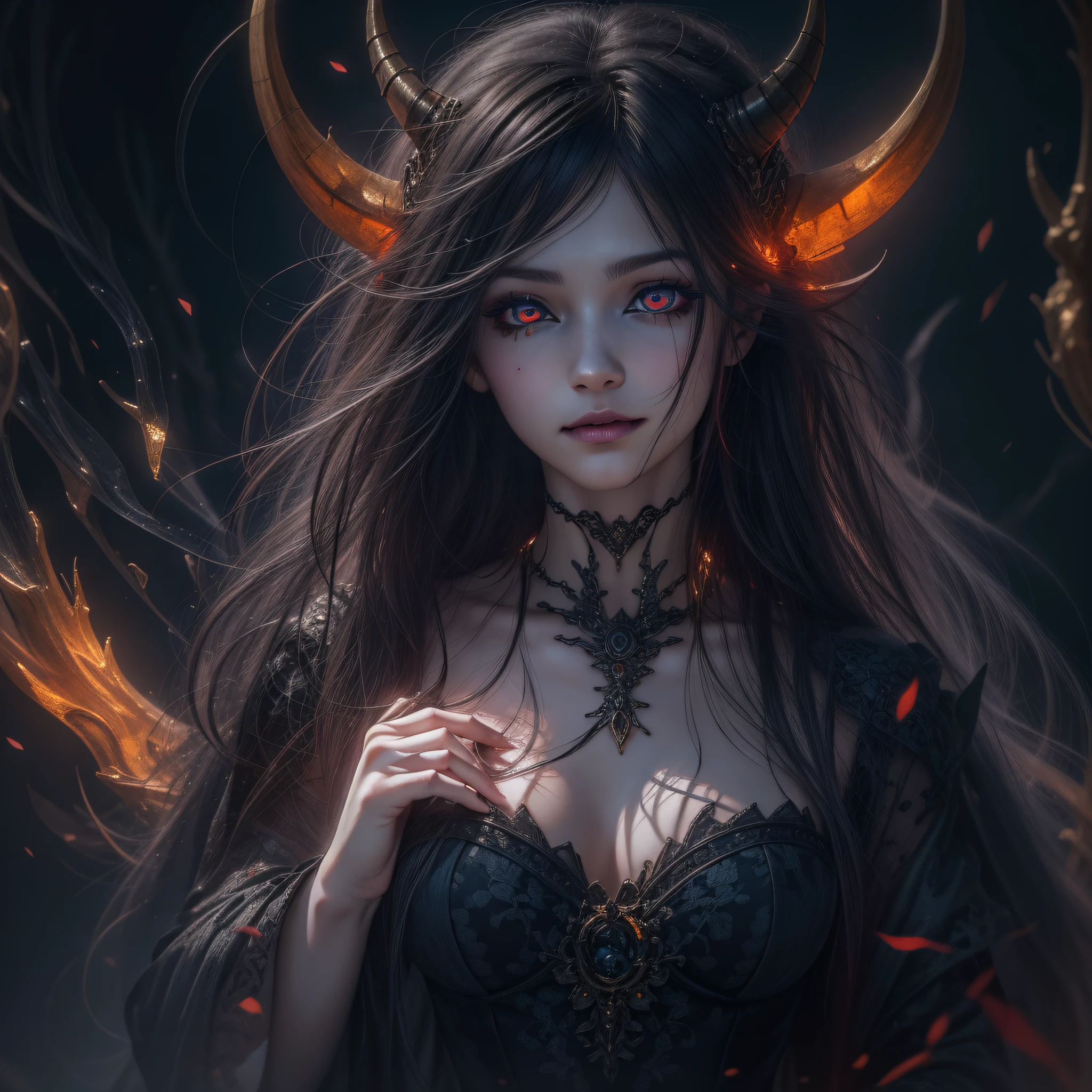 RAW photo, realistic, delicate and meticulous skin), official art, Unity 8k wallpaper, ultra detailed, (dark scene, subtle, soft light), cinematic look, high saturation, best anatomy, volumetric fog, demon girl, black hair, a red eye, a blue eye, sharp face, hair between the eyes, swirling black light around the character, black light particles, (broken glass), magic circle, slim body, full body, full body, 1 girl, magic, Magic Sword, Long Hair, Solo, Blood, Complex Background, Looking at the Viewer, Eyes, Fabric, Floating Hair, Evil Smile, Dynamic Movement, Dynamic Pose, Dramatic Lighting, Elegant, Highly Detailed, Majestic, Surreal Painting, Broken Glass, (Masterpiece, Side Light, Finely Detailed Beautiful Eyes: 1.2), HDR, Glowing Eyes, Night, Sun, Sunlight, (Masterpiece:1.2, Best Quality), High Contrast, (Best Illumination, An Extremely Delicate and beautiful), ((cinematic light)), colorful, hyper details, mismatched pupils, devil eyes, long eyelashes, dragon horns, pointed ears, depth of field, digital art, 4k, masterpiece, best quality, 8k, blood on clothes, fantasy elegant dress with intricate details and metallic accents a curved train and crystal accents, blood on the dress, multicolored eyes
