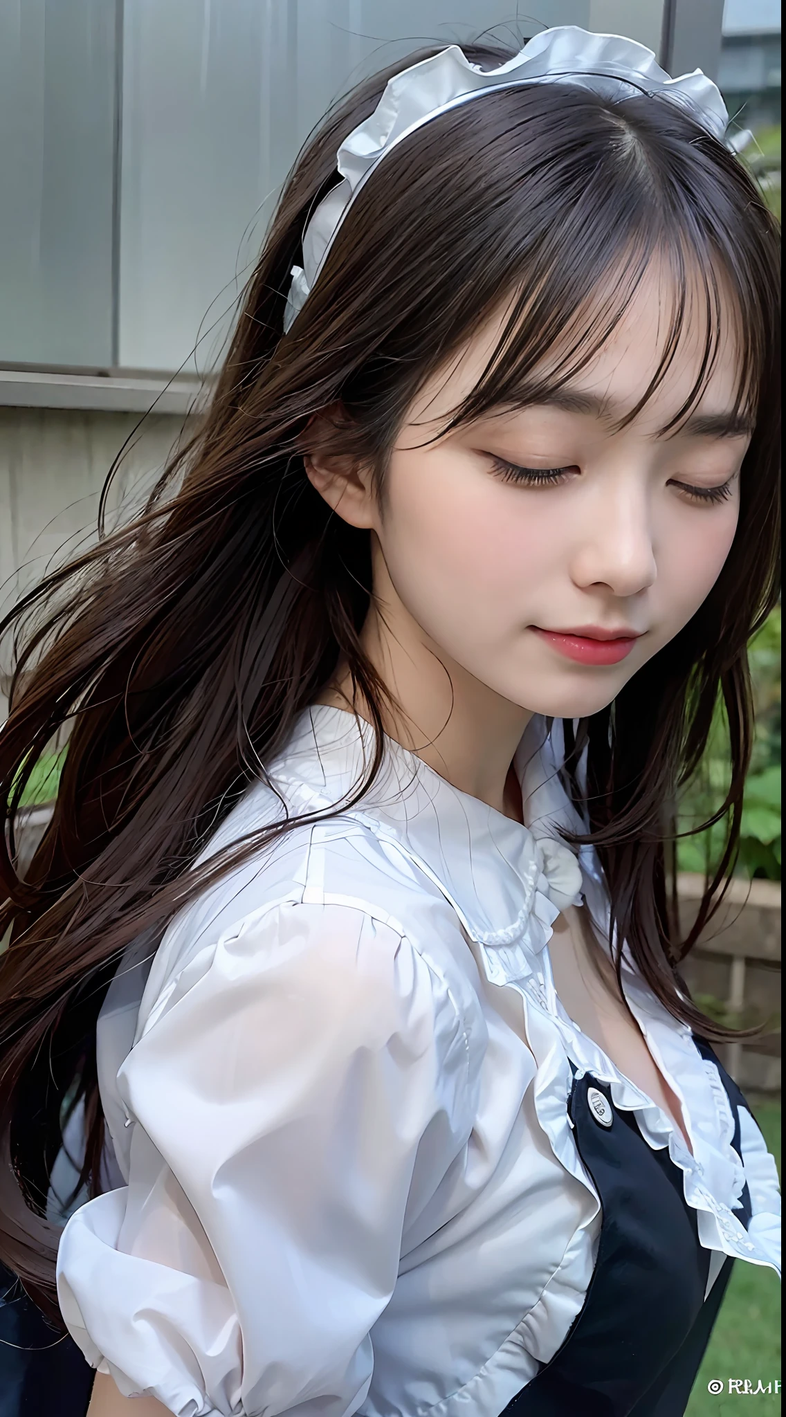 top-quality, masterpiece, 超A high resolution, (realisitic: 1.4), OriginalPhotographs, , The skin, simple background, Black eye, the detail, selfy, 1 rapariga, rainy day, closed her eyes, Enjoy、Black hair Long hair(straight haired)、Hallyu Hair、maid clothes、from the chest up、Floating hair、wind blown hair、dishevled hair