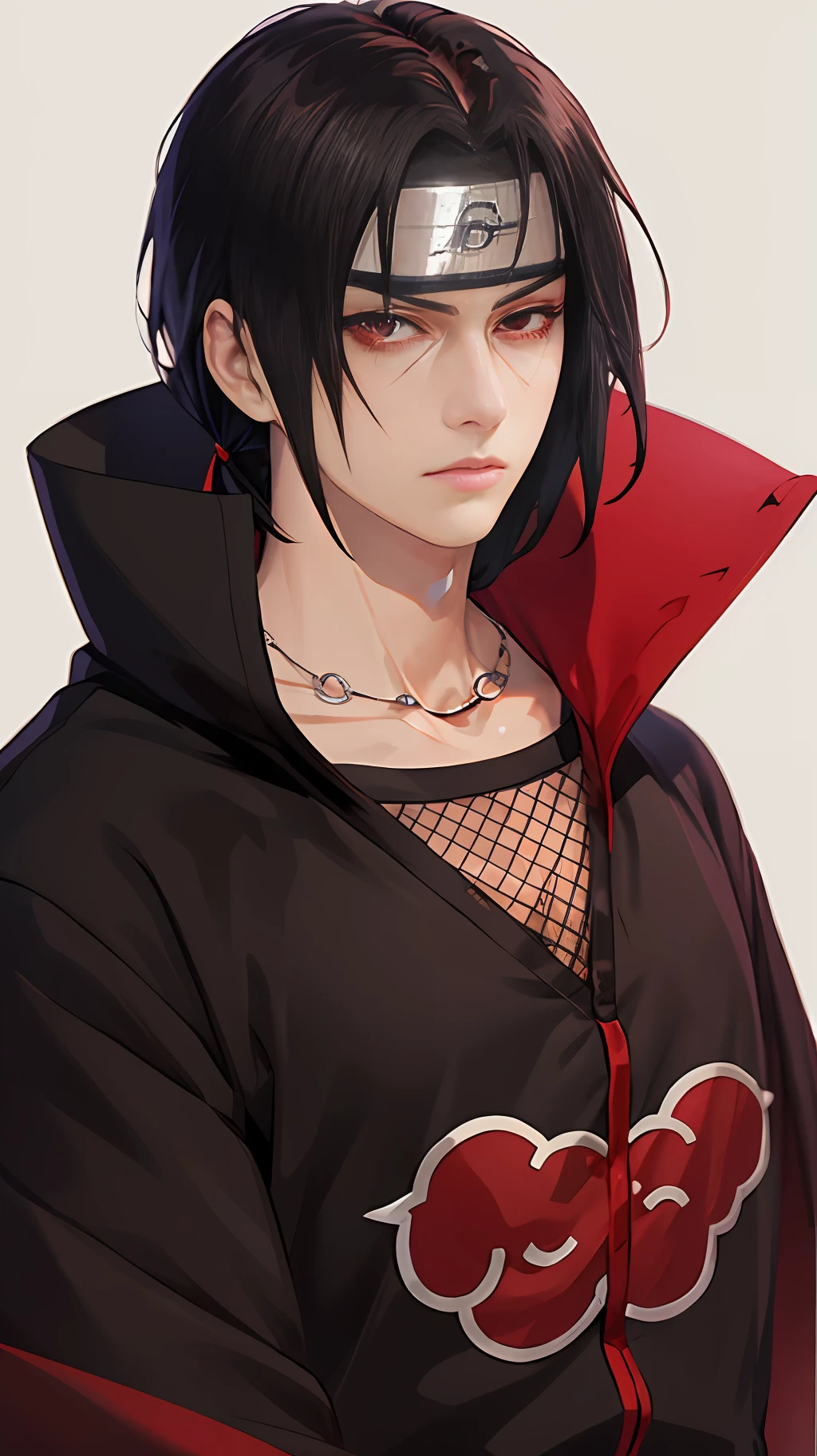 (masterpiece, best quality:1.2), red theme, solo, male focus, 1boy, uchiha itachi, expressionless, closed mouth, looking at viewer, forehead protector, ninja, cloak, high collar, jewelry, necklace