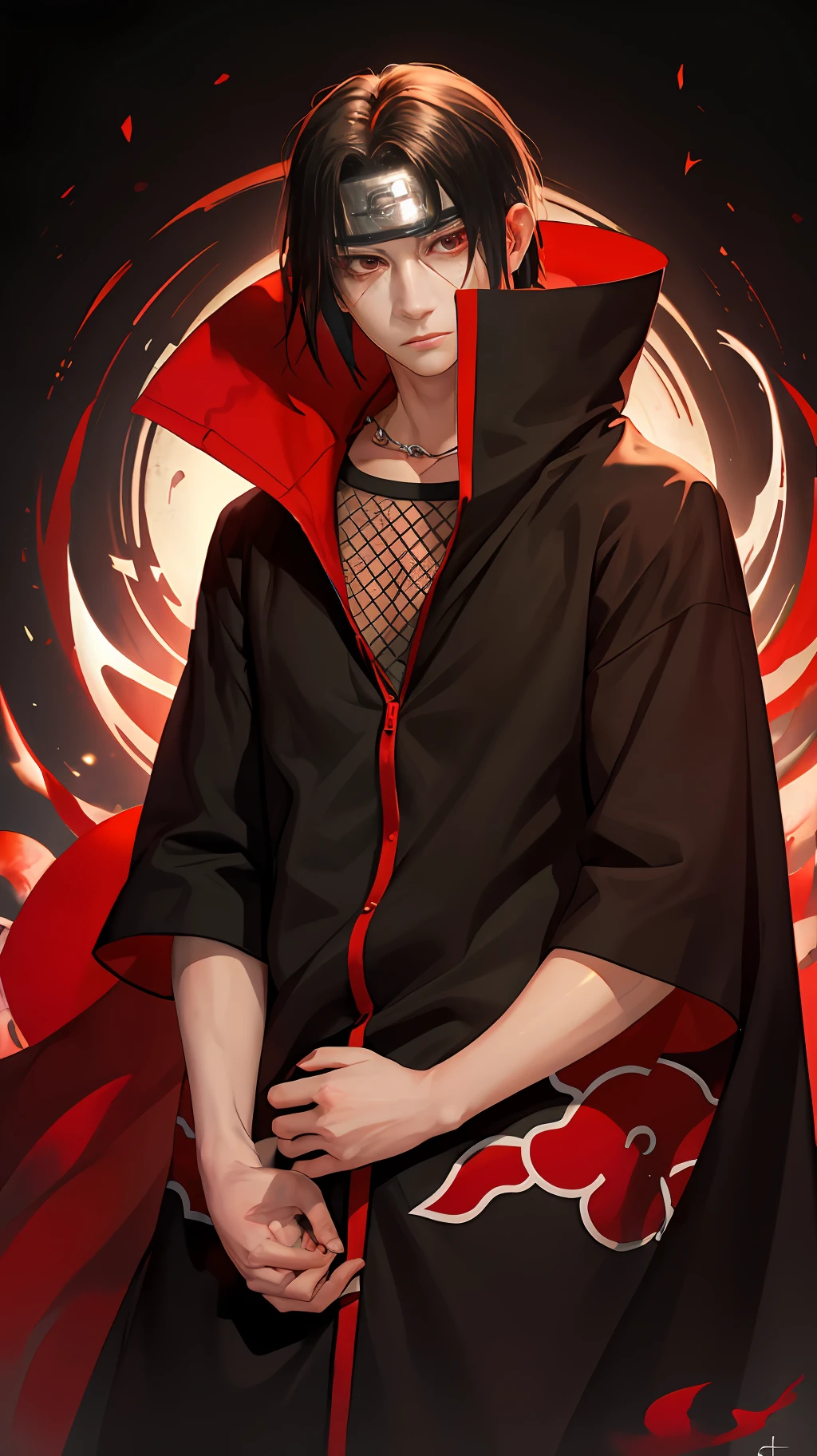 (masterpiece, best quality:1.2), red theme, solo, male focus, 1boy, uchiha itachi, expressionless, closed mouth, looking at viewer, forehead protector, ninja, cloak, high collar, jewelry, necklace