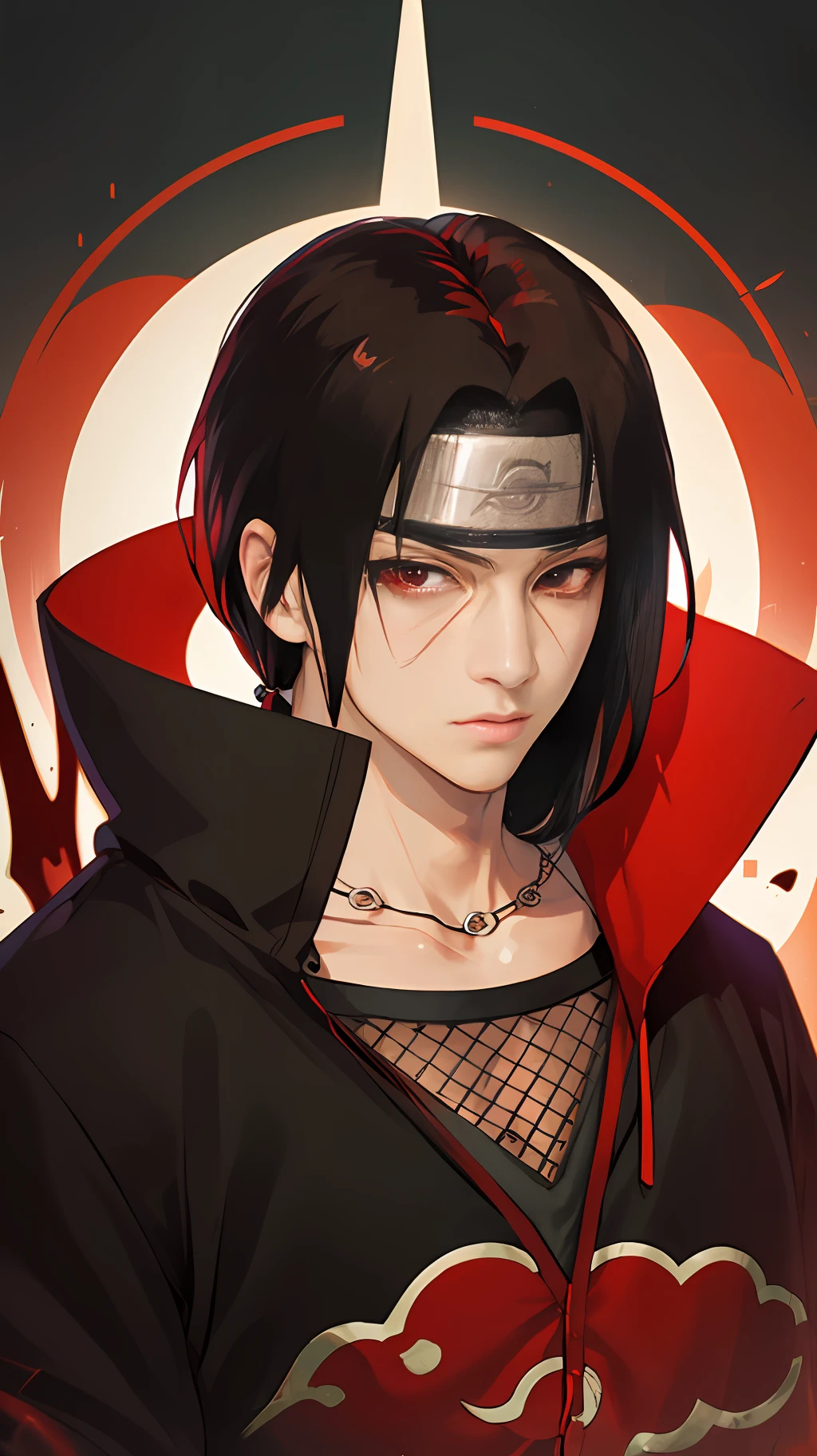 (masterpiece, best quality:1.2), red theme, solo, male focus, 1boy, uchiha itachi, expressionless, closed mouth, looking at viewer, forehead protector, ninja, cloak, high collar, jewelry, necklace